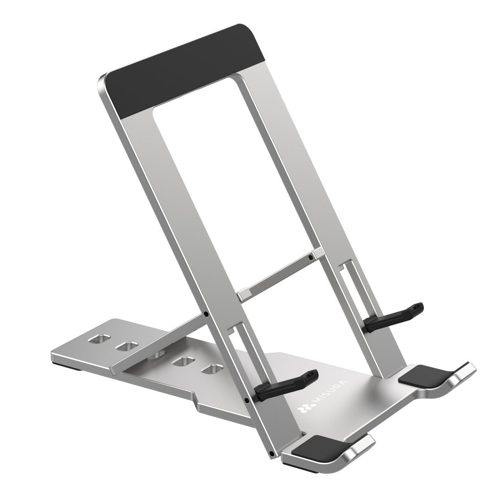 Supporto per tablet argentato con dettagli neri. Design angolato con base, braccio di supporto e appoggio superiore. Visibile il marchio 'Misura'.