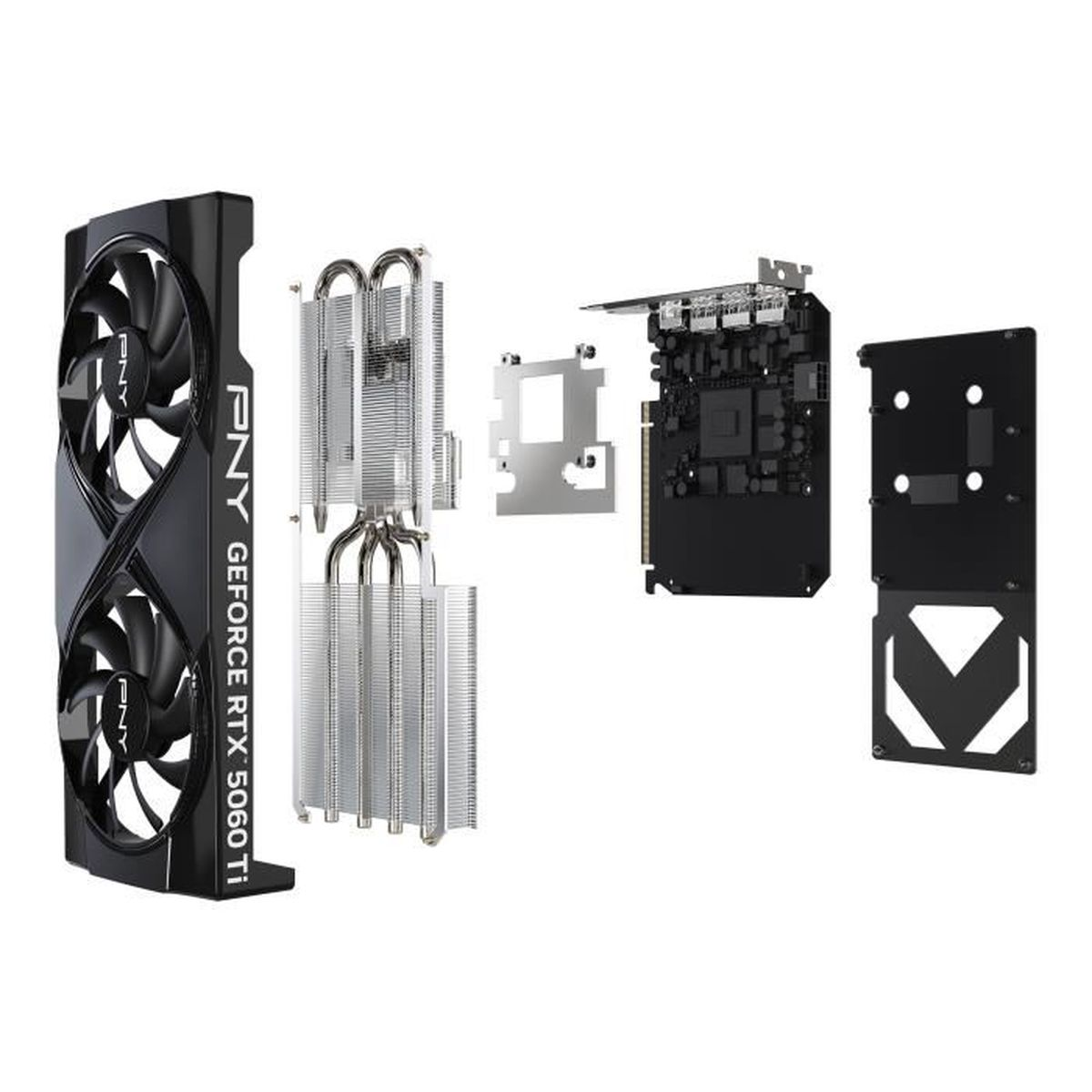 Zerlegte PNY GeForce RTX 3060 Ti GPU. Zeigt Lüfter, Kühlkörper, Leiterplatte und Backplate. Schwarz-Silber-Farben.