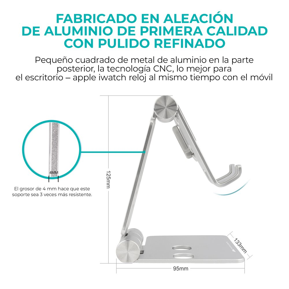 Supporto per telefono in alluminio argentato con misure e testo. Il supporto presenta una base, un braccio di supporto e un supporto per telefono.