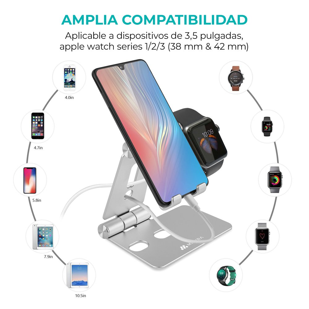 Un supporto per telefono argentato con un telefono e un Apple Watch. Vari telefoni e orologi sono esposti intorno.