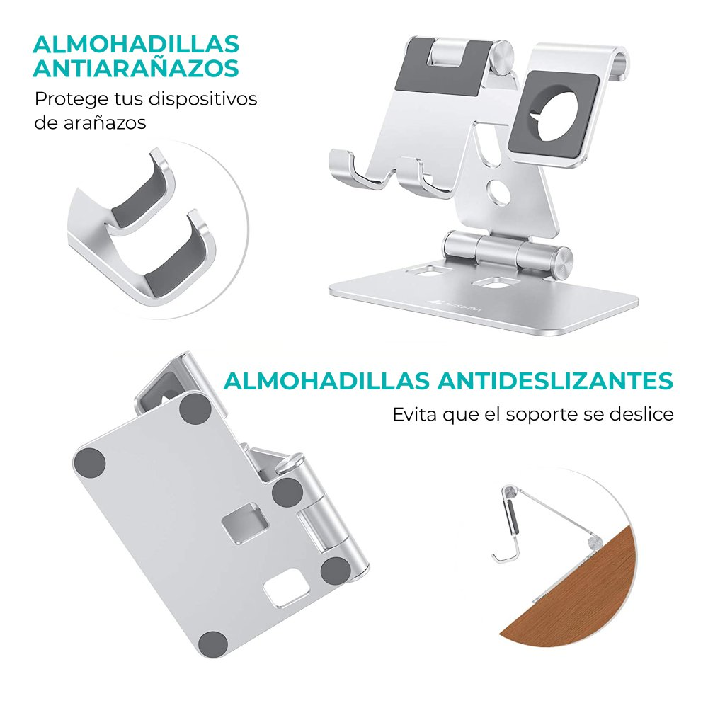 Un supporto per tablet argentato con cuscinetti in gomma per prevenire graffi e scivolamenti. Testo in spagnolo.
