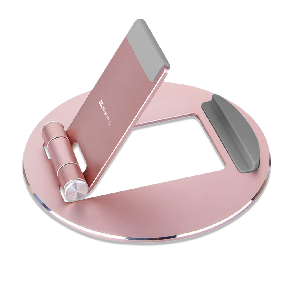 Un supporto per telefono color oro rosa con parte superiore e dettagli grigi. Il supporto ha una base circolare e un supporto rettangolare.