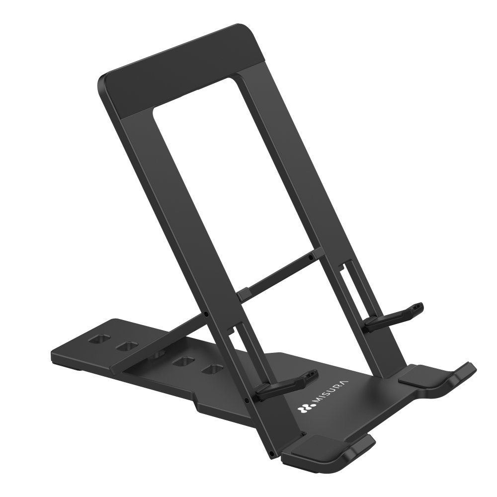 Un supporto per tablet nero è angolato verso l'alto. Ha una base con una struttura di supporto e un appoggio superiore. Il marchio 'Misura' è visibile.