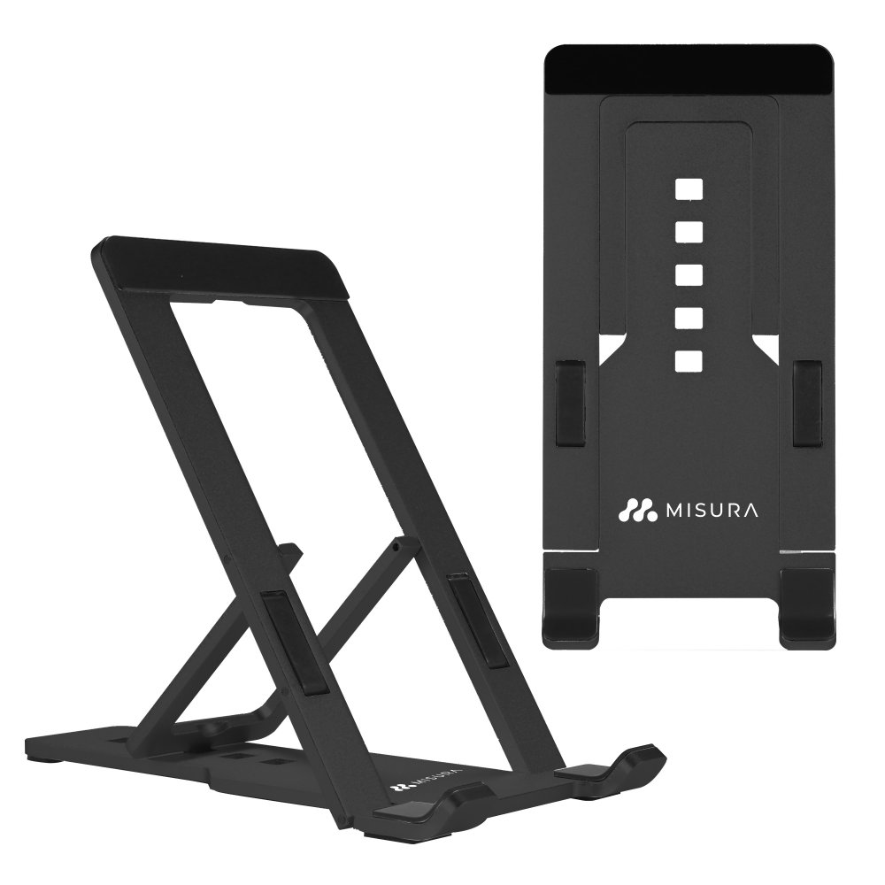 Due supporti neri per tablet. Uno è angolato, l'altro verticale. Entrambi hanno il logo 'Misura'. Entrambi sono su sfondo bianco.