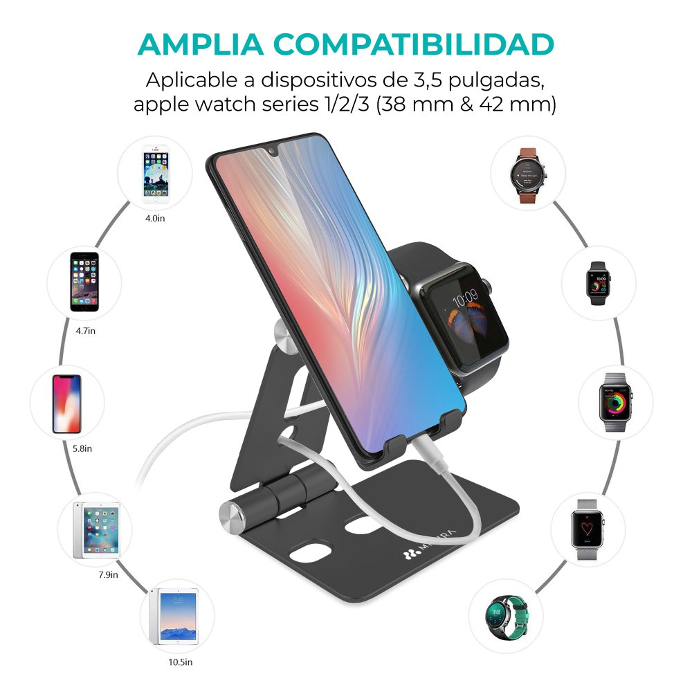 Un telefono e un Apple Watch su un supporto nero, con telefoni e orologi sullo sfondo. Il testo recita 'AMPLIA COMPATIBILIDAD'.
