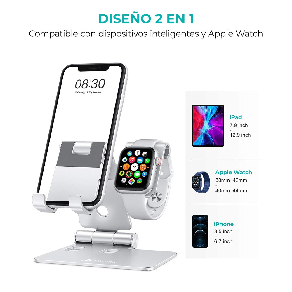 Un supporto per telefono argentato tiene un telefono e un Apple Watch. Le specifiche di iPad, Apple Watch e iPhone sono elencate a destra.