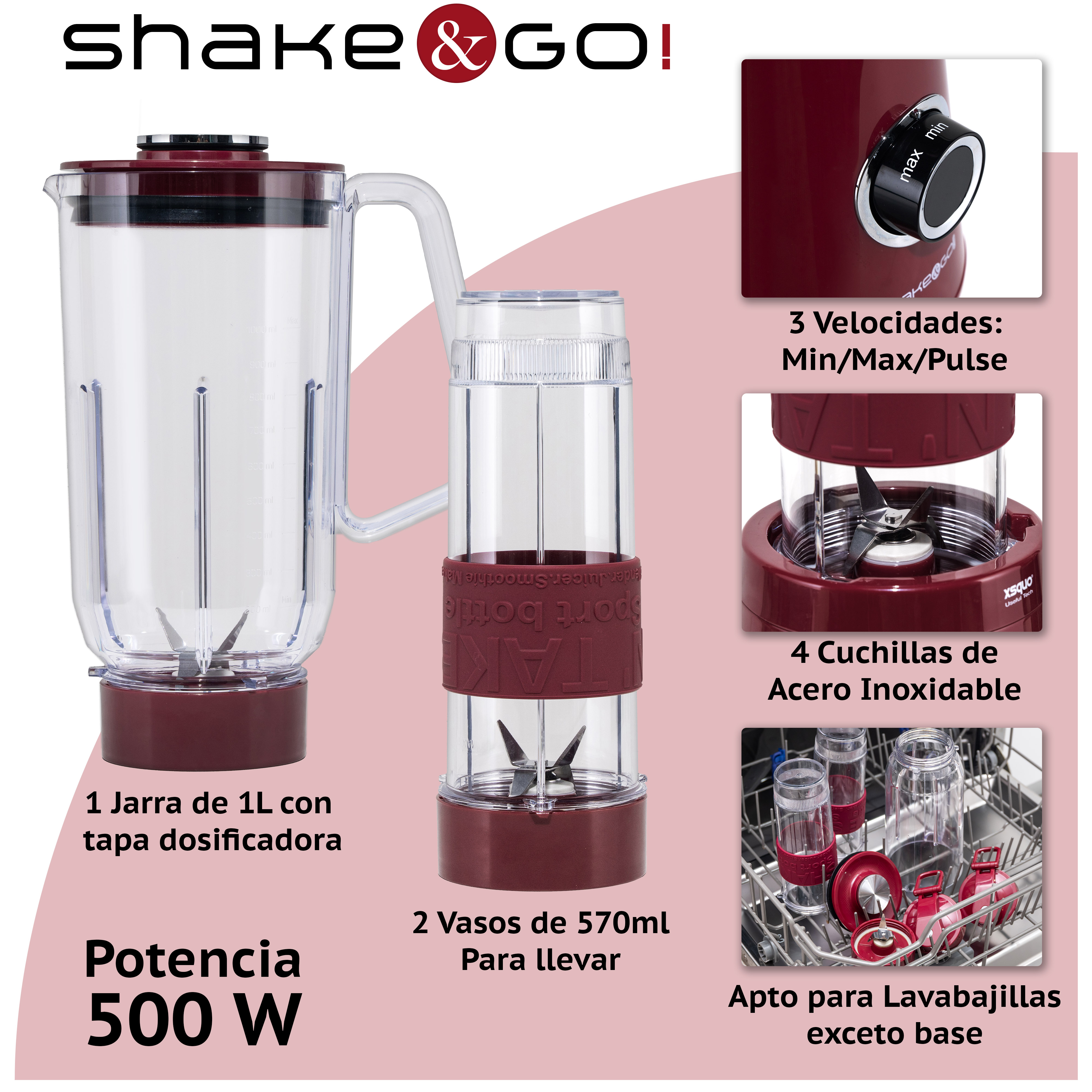 Un juego de licuadora. Tiene una jarra, dos vasos portátiles y detalles sobre la potencia y las características.