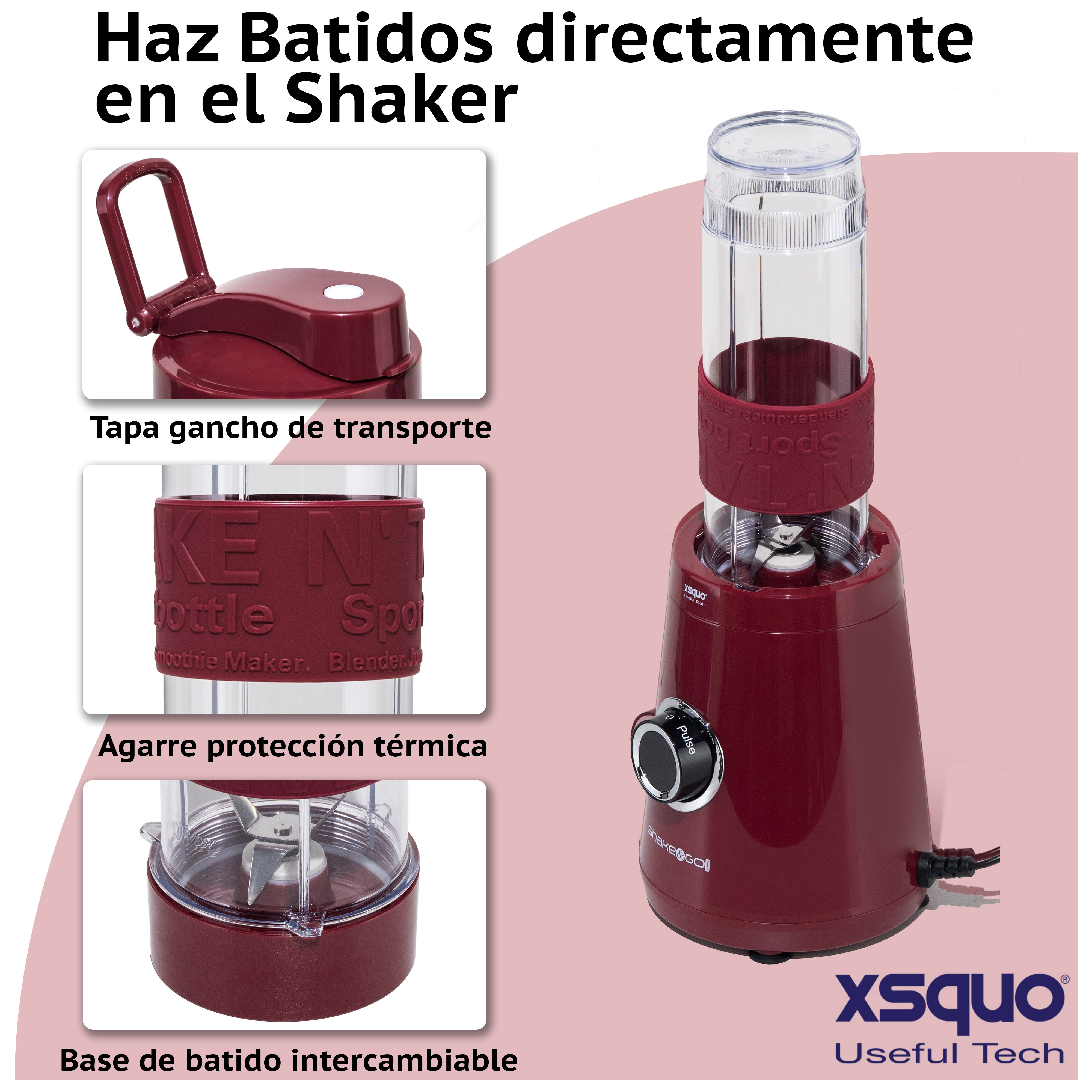 Una licuadora roja con un vaso transparente, mostrando partes como la tapa, el mango, la base y la cuchilla. Texto en español.