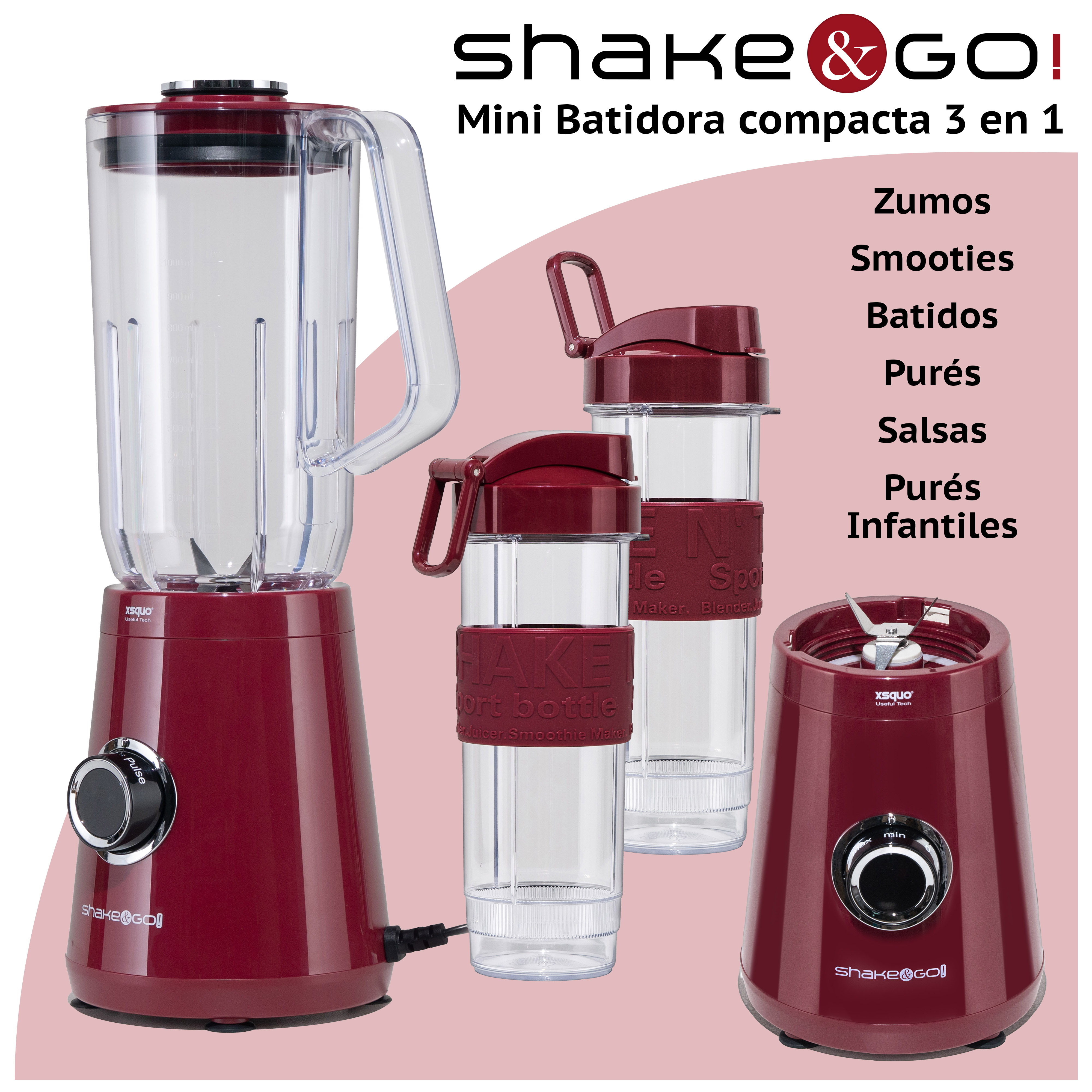 Una licuadora roja con dos botellas de plástico transparente y una base, con el texto 'Shake & Go!'