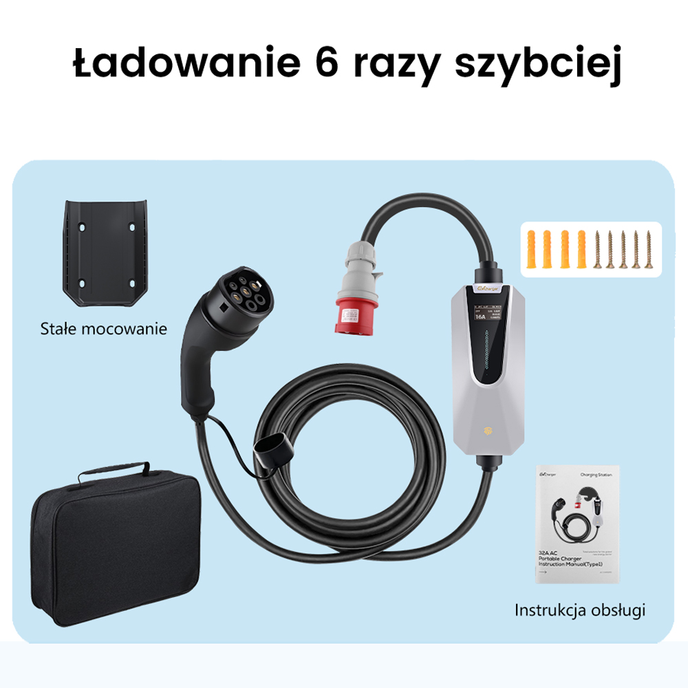 Zestaw ładowarki do pojazdów elektrycznych z stacją ładowania, kablem, wtyczkami, uchwytem, śrubami i instrukcją, na niebieskim tle.