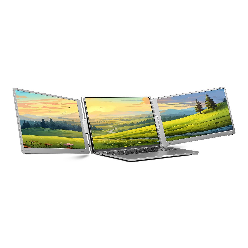 Laptop z trzema ekranami jest otwarty, każdy wyświetla krajobraz. Tło jest białe.