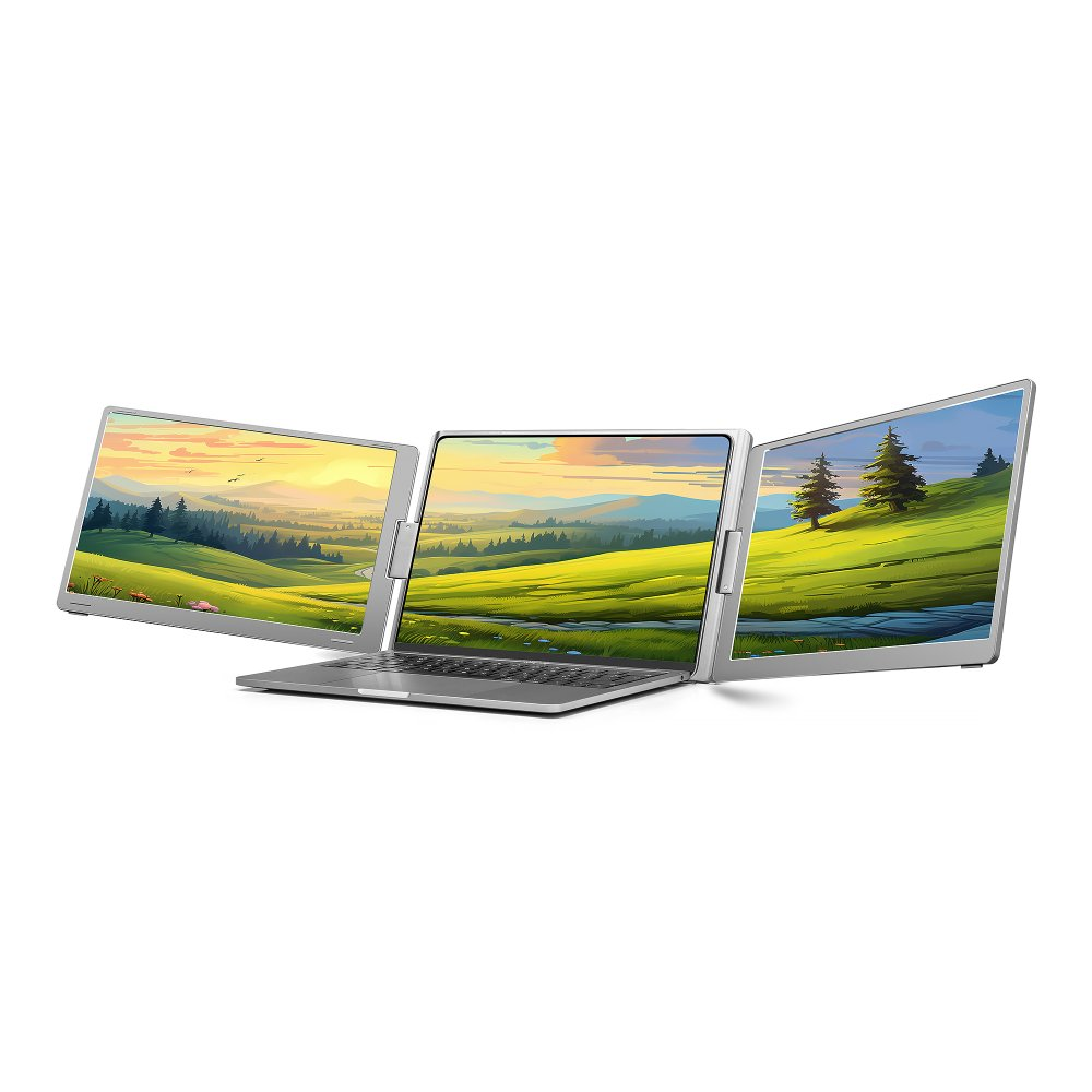 Laptop z trzema ekranami wyświetlającymi krajobraz. Ekrany są otwarte, pokazując zielone pola, drzewa i kolorowe niebo.