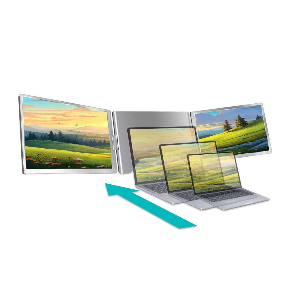 Laptop z trzema ekranami wyświetlającymi krajobraz. Strzałka wskazuje laptop, sugerując ulepszenie lub połączenie.