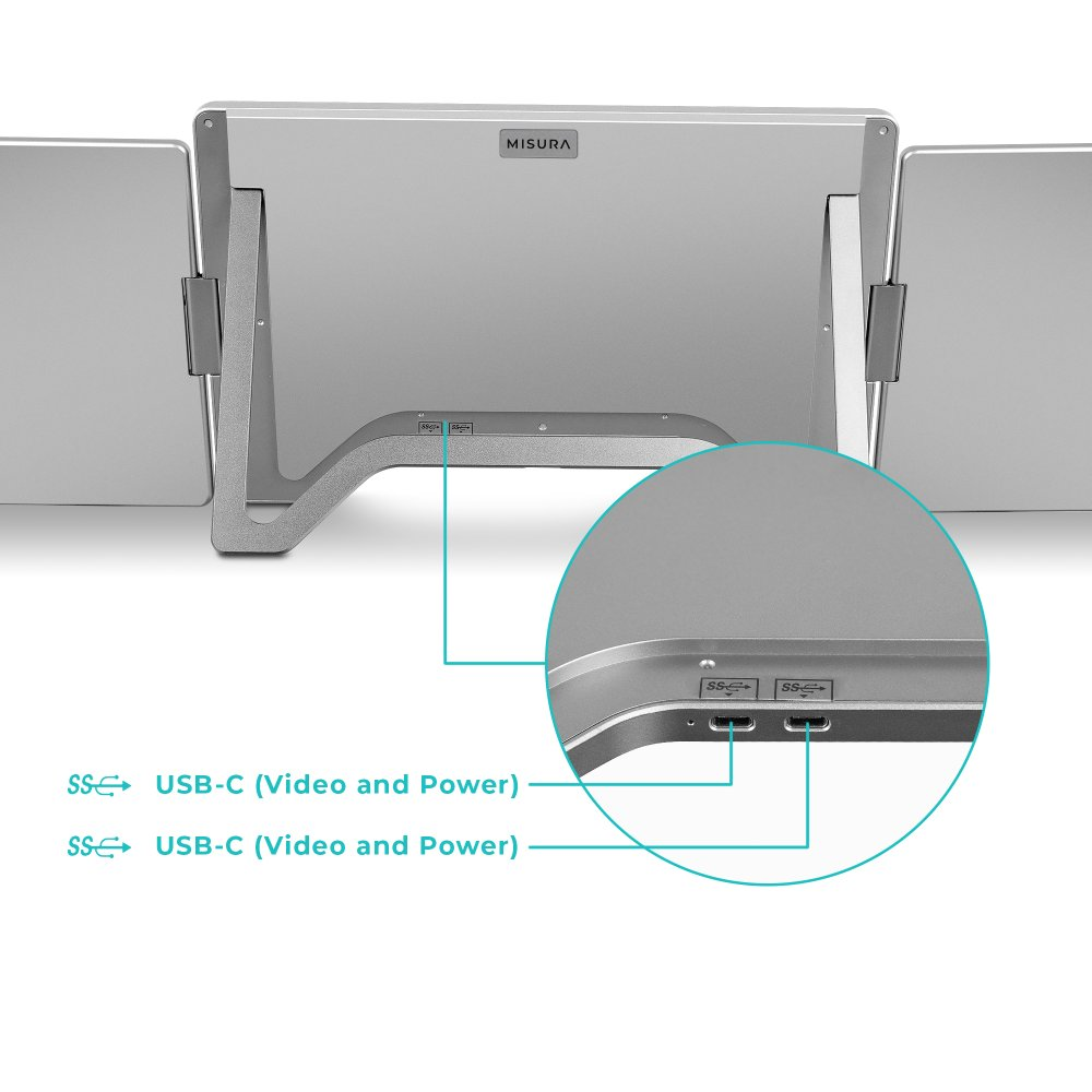 Srebrna konfiguracja monitora z portami USB-C i logo 'MISURA'. Dwa monitory po bokach. Zbliżenie pokazuje szczegóły portów z etykietami.
