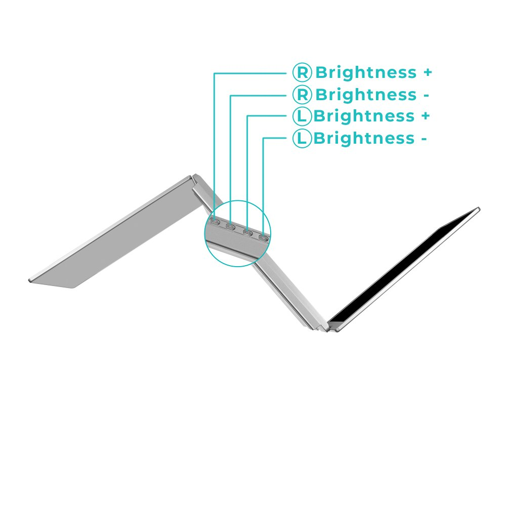 Srebrne urządzenie z oznaczonymi kontrolkami jasności. Urządzenie jest ustawione pod kątem z czarnym ekranem. Kontrolki jasności oznaczone R i L.