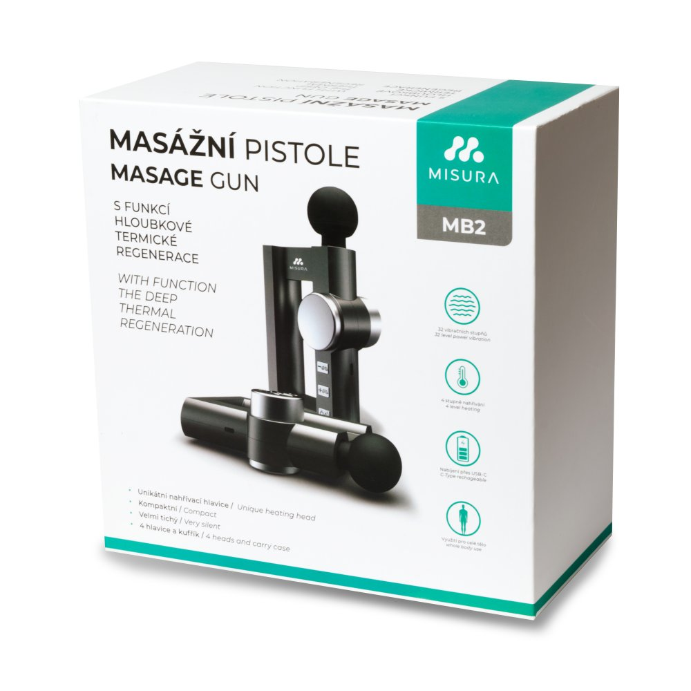 Pistolet do masażu na pudełku z tekstem i grafiką. Pistolet jest czarny i metaliczny. Pudełko jest białe i zielone.