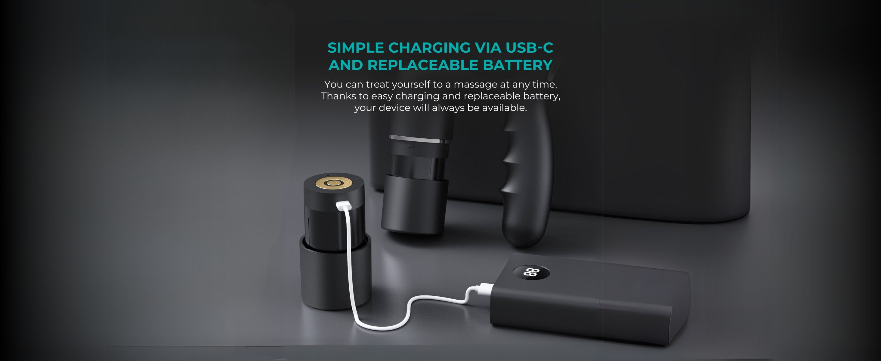 Elementos negros del dispositivo de masaje: batería, cargador y masajeador. Se destaca la carga USB-C. Fondo negro con texto sobre el dispositivo.
