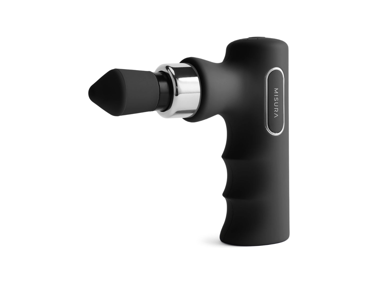 Czarny ręczny pistolet do masażu ze srebrnymi akcentami i czarną końcówką. Słowo "MISURA" jest widoczne na urządzeniu.