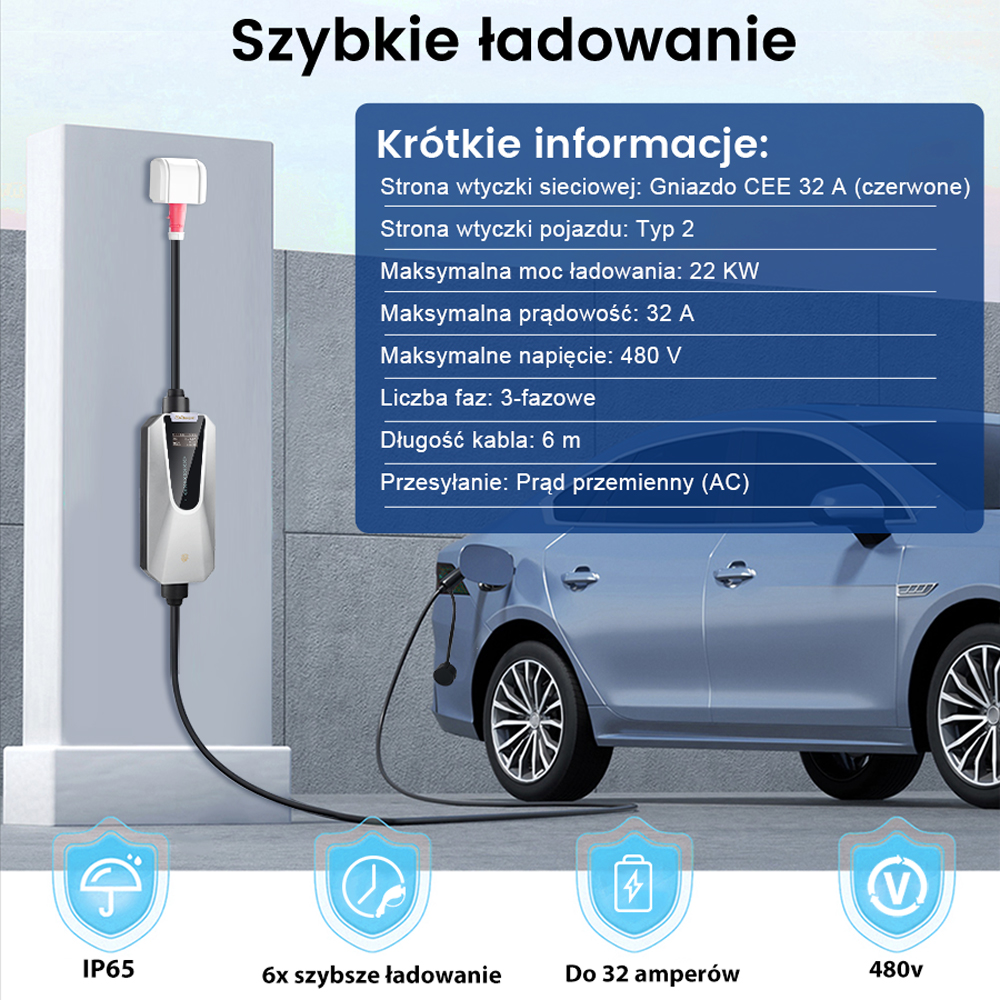 Ładowanie samochodu elektrycznego. Ładowarka podłączona do samochodu. Wyświetlane są szczegóły dotyczące specyfikacji ładowania.