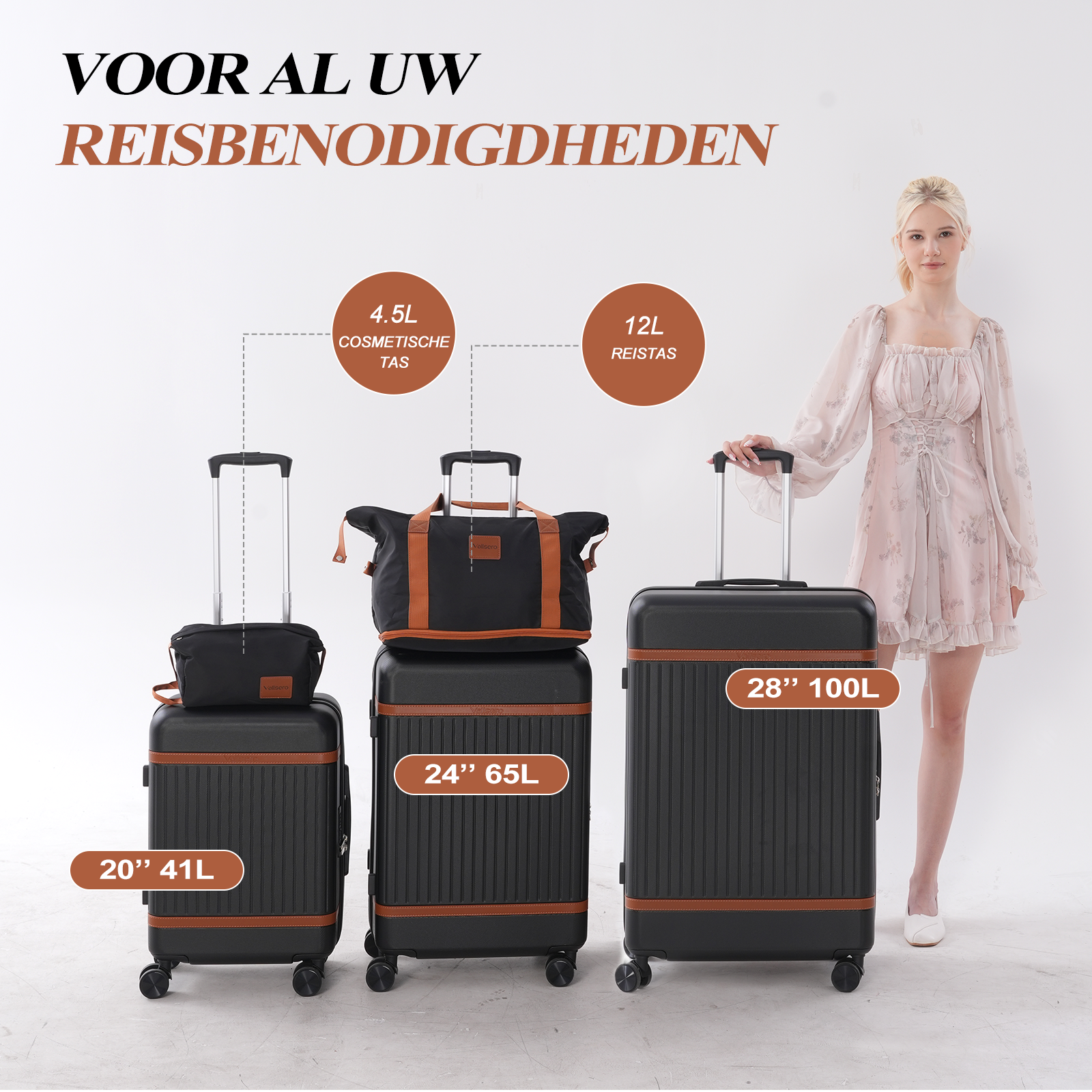 A woman stands next to three suitcases of different sizes. The text at the top says 'VOOR AL UW REISBENODIGDHEDEN'.
