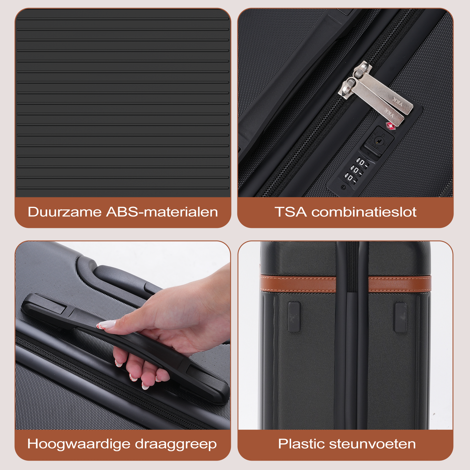 Close-up of a black suitcase. Showing durable ABS material, TSA combination lock, high-quality handle, and plastic feet.