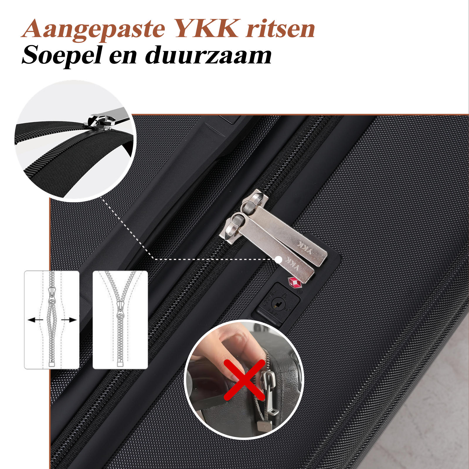 Close-up of a black suitcase showing a zipper detail, a lock, and a hand with a red cross over a zipper.