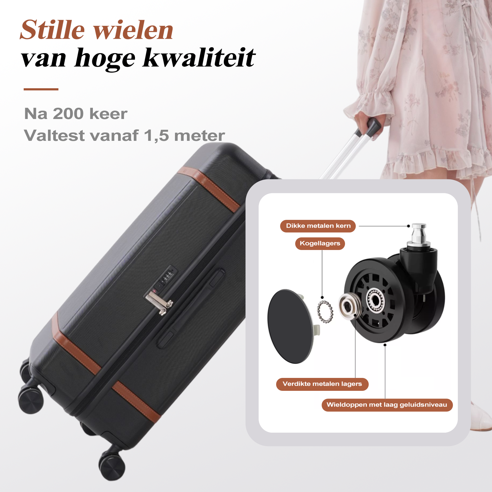 A black suitcase with brown accents, a person holding the handle, and wheel details are highlighted. Text is in Dutch.