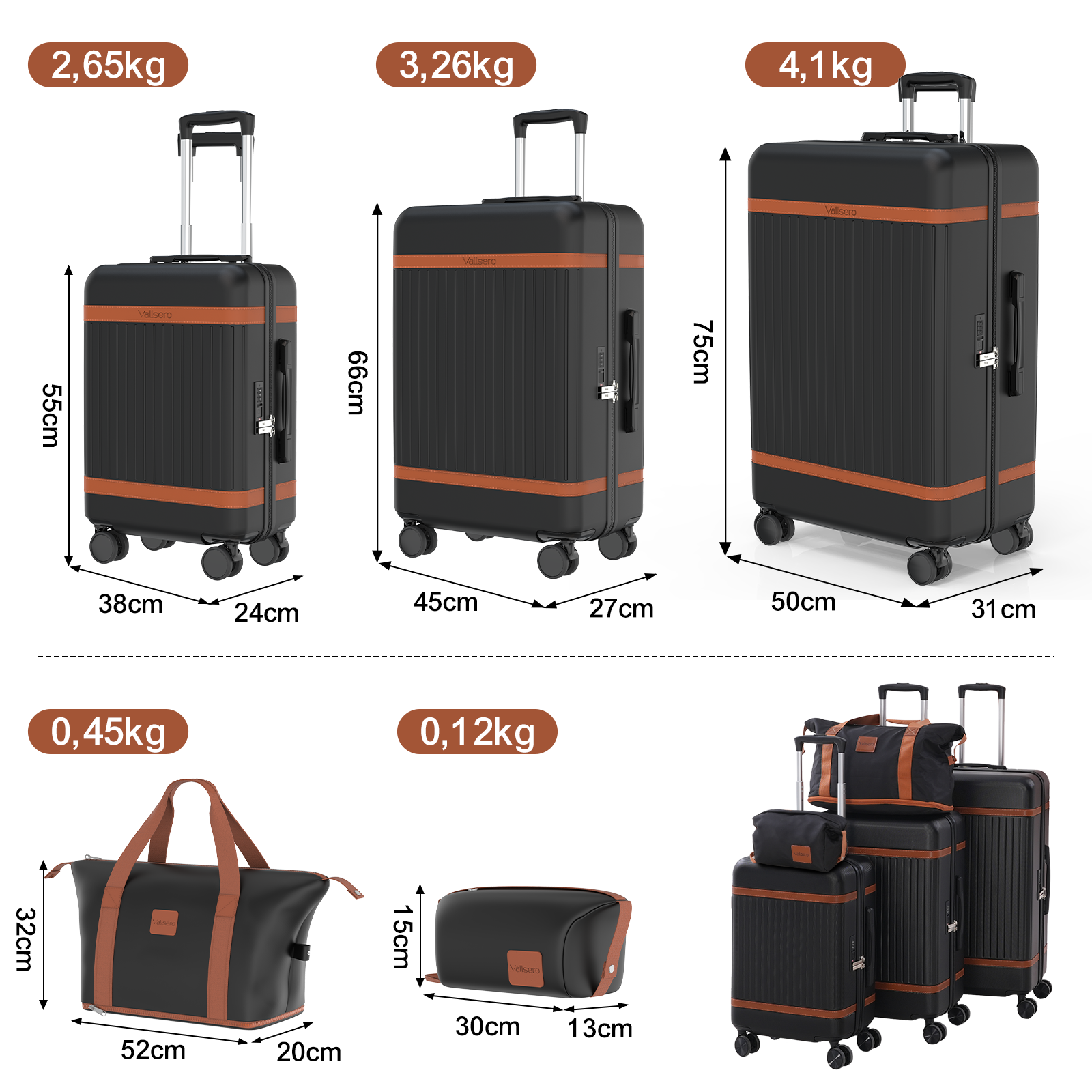 Obraz przedstawia zestaw bagażu. Trzy czarne walizki o różnych rozmiarach, z brązowymi akcentami. Również czarna torba podróżna i mała kosmetyczka.