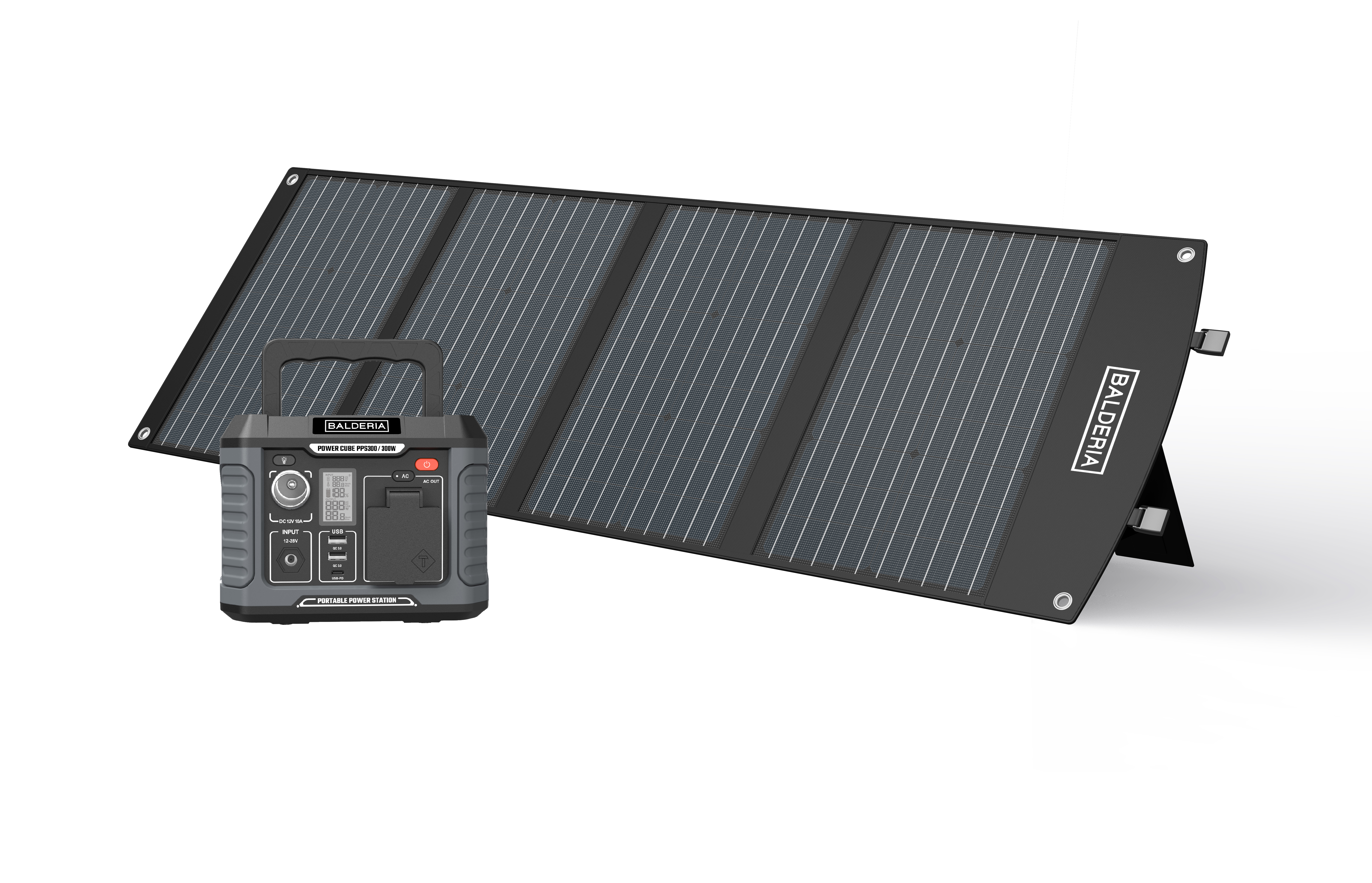 Eine tragbare Powerstation mit einem Solarpanel. Das Panel ist schwarz und grau. Die Powerstation ist grau und schwarz.