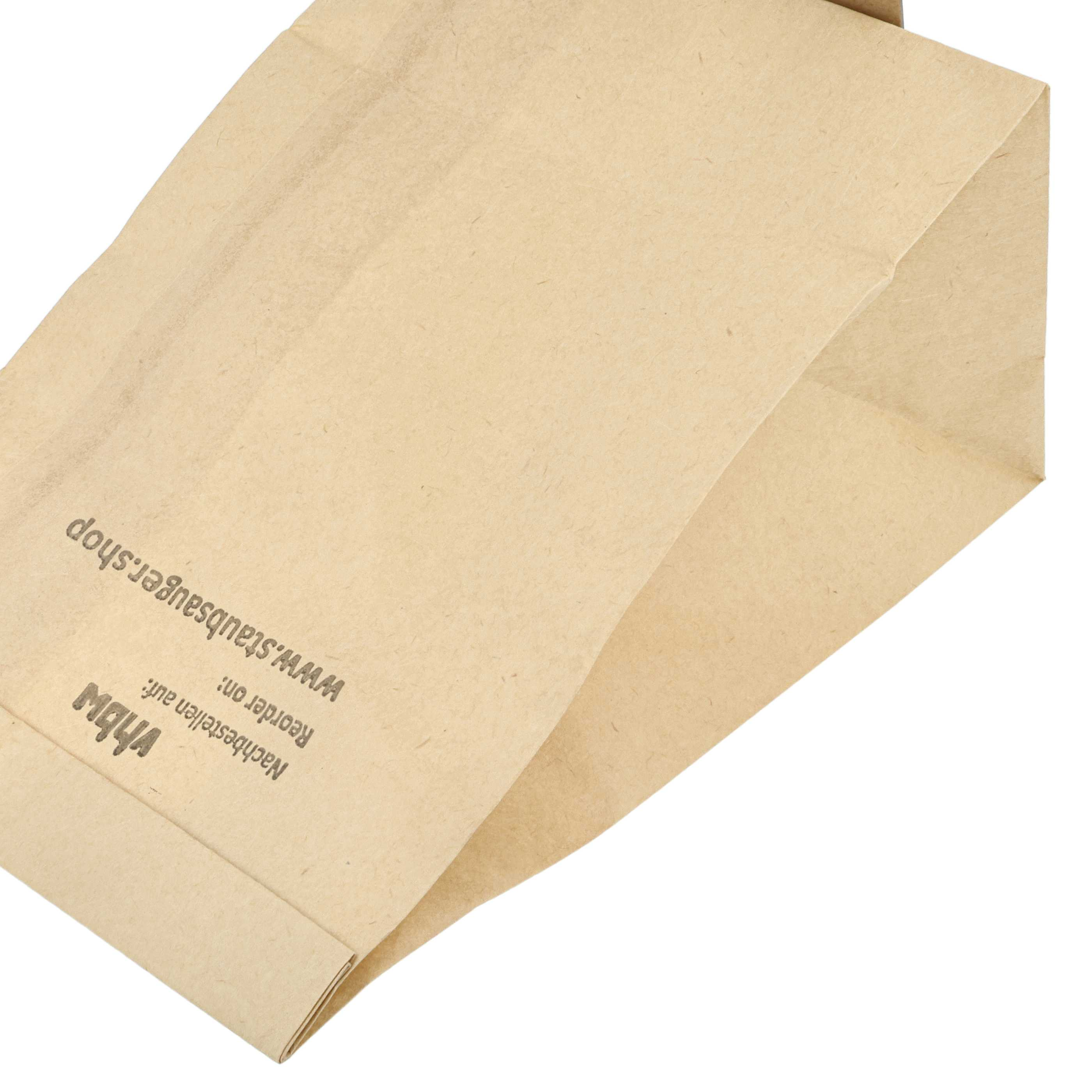 Eine beige Papiertüte ist geöffnet. Text: 'www.staubsauger.shop' und 'Nachbestellen auf:' mit Logo.