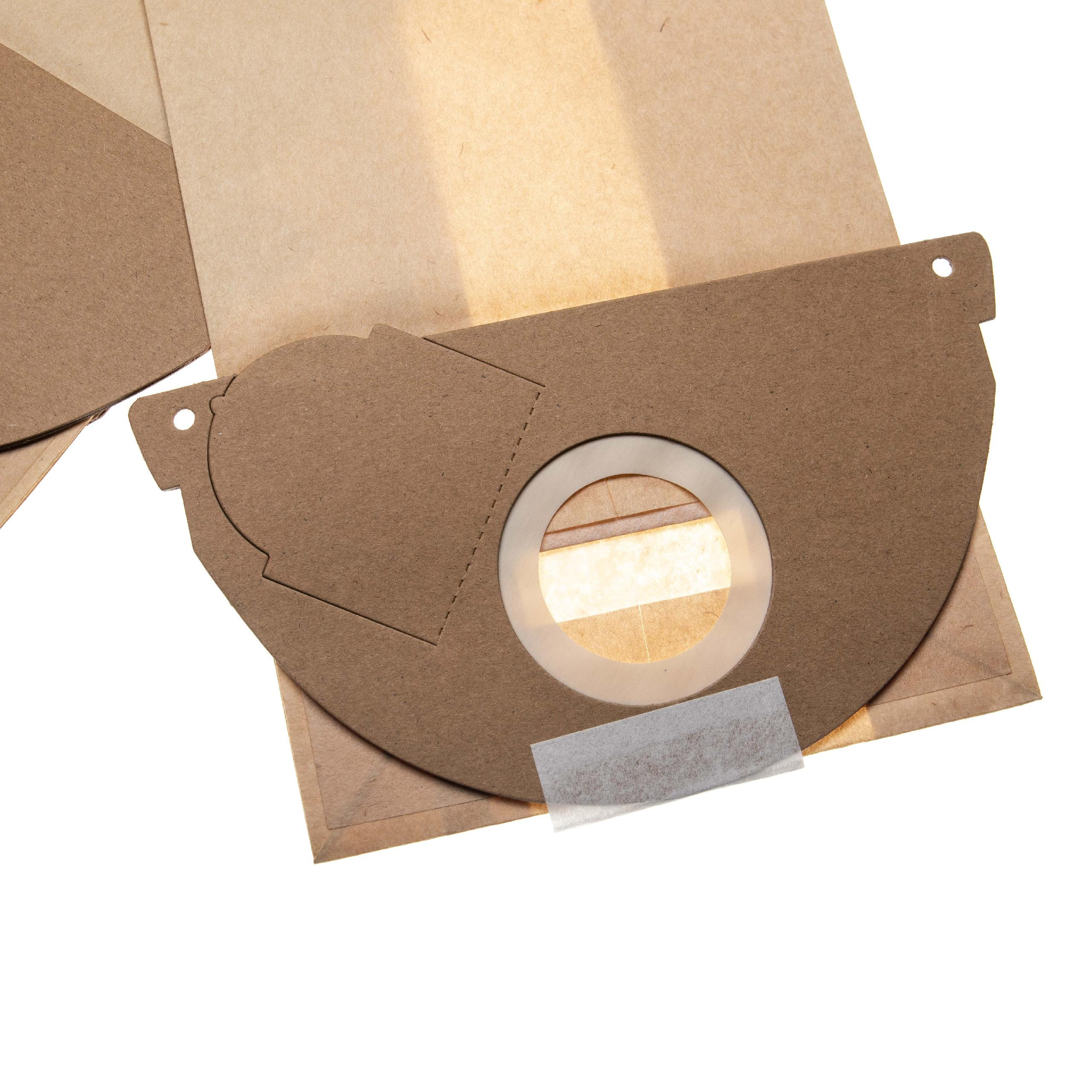 Ein brauner Papiersaugerbeutel mit einer kreisförmigen Öffnung und einem klaren Klebebandstück darauf. Der Hintergrund ist weiß.