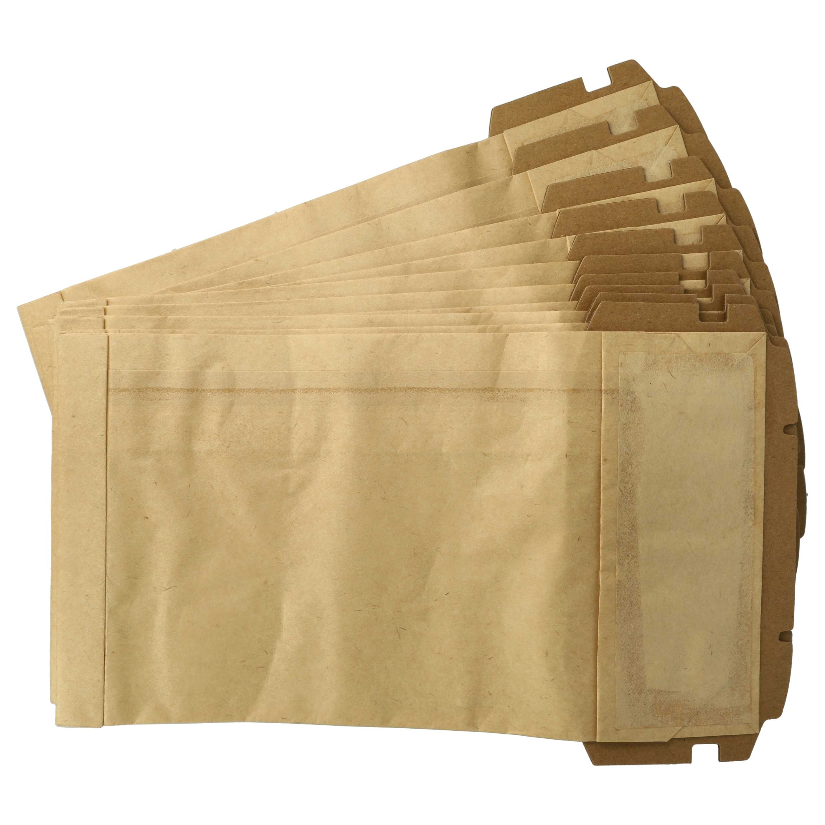 Ein Stapel brauner Papierumschläge mit gefalteten Oberteilen und Aussparungen, vor weißem Hintergrund. Die Umschläge sind abgewinkelt.