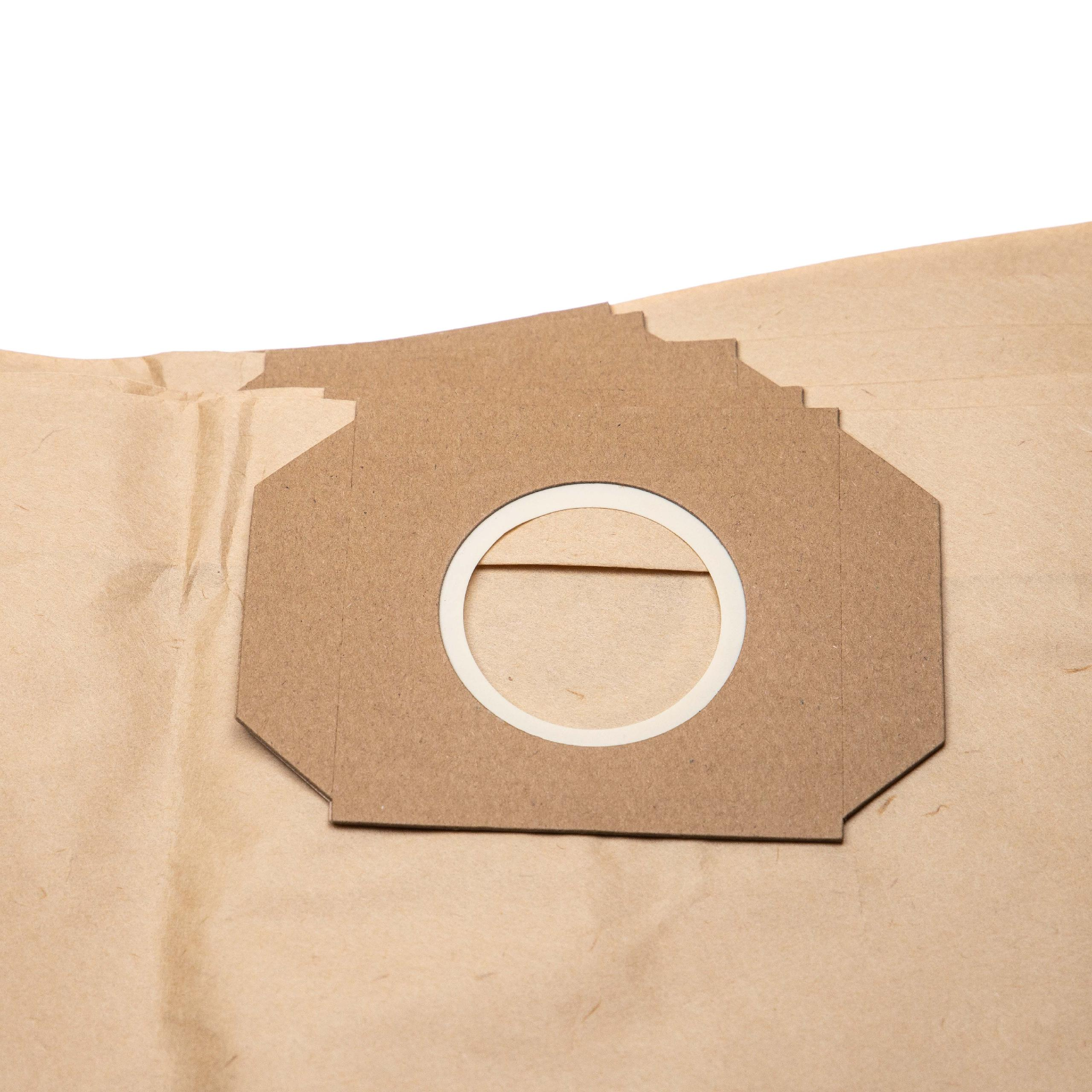 Ein brauner Papier-Staubsaugerbeutel mit einem zentralen Kartonstück mit weißem Ring und kreisförmiger Öffnung.