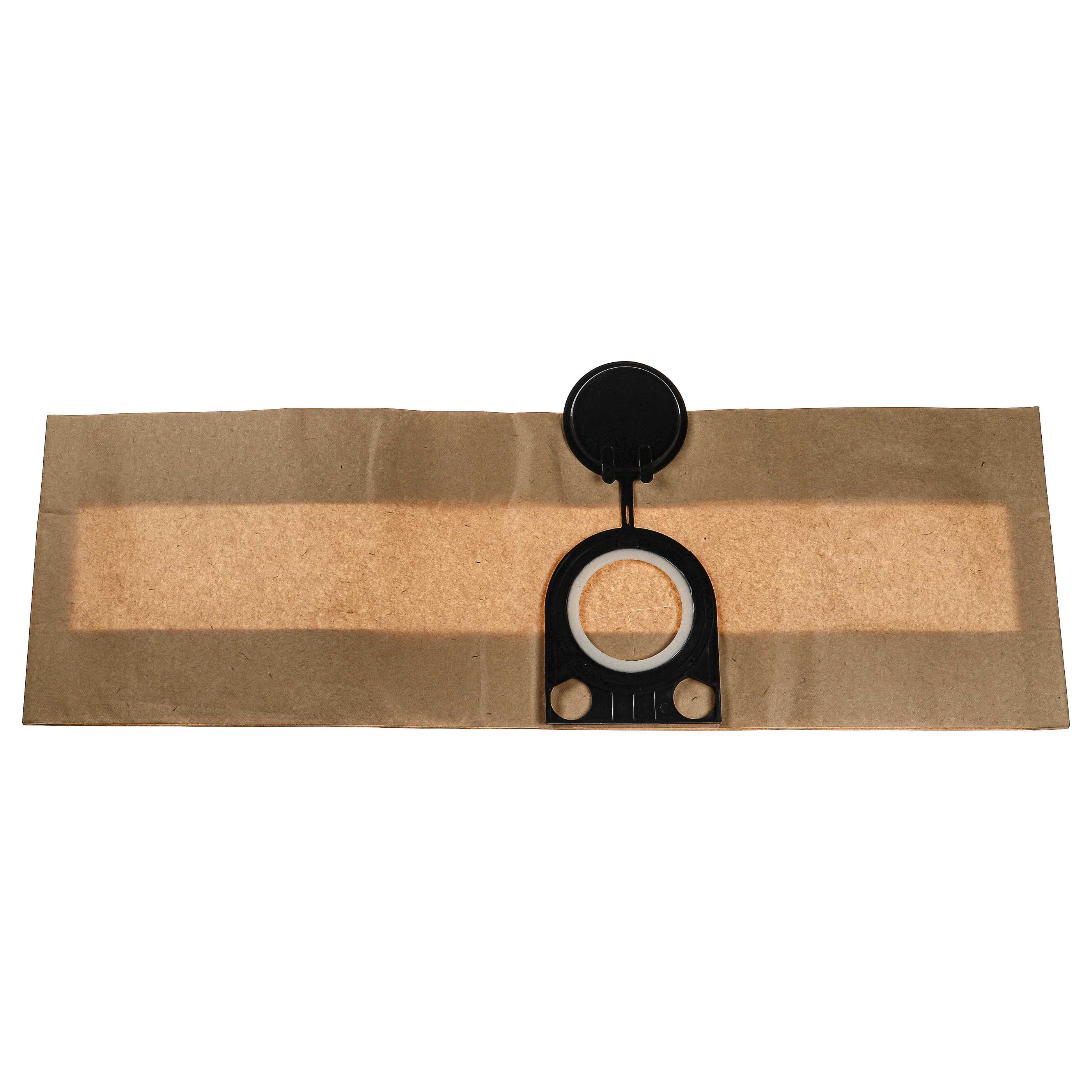 Ein brauner Staubsaugerbeutel mit schwarzem Kunststoffhalter. Die Halterung hat einen weißen Ring und drei vertikale Linien.