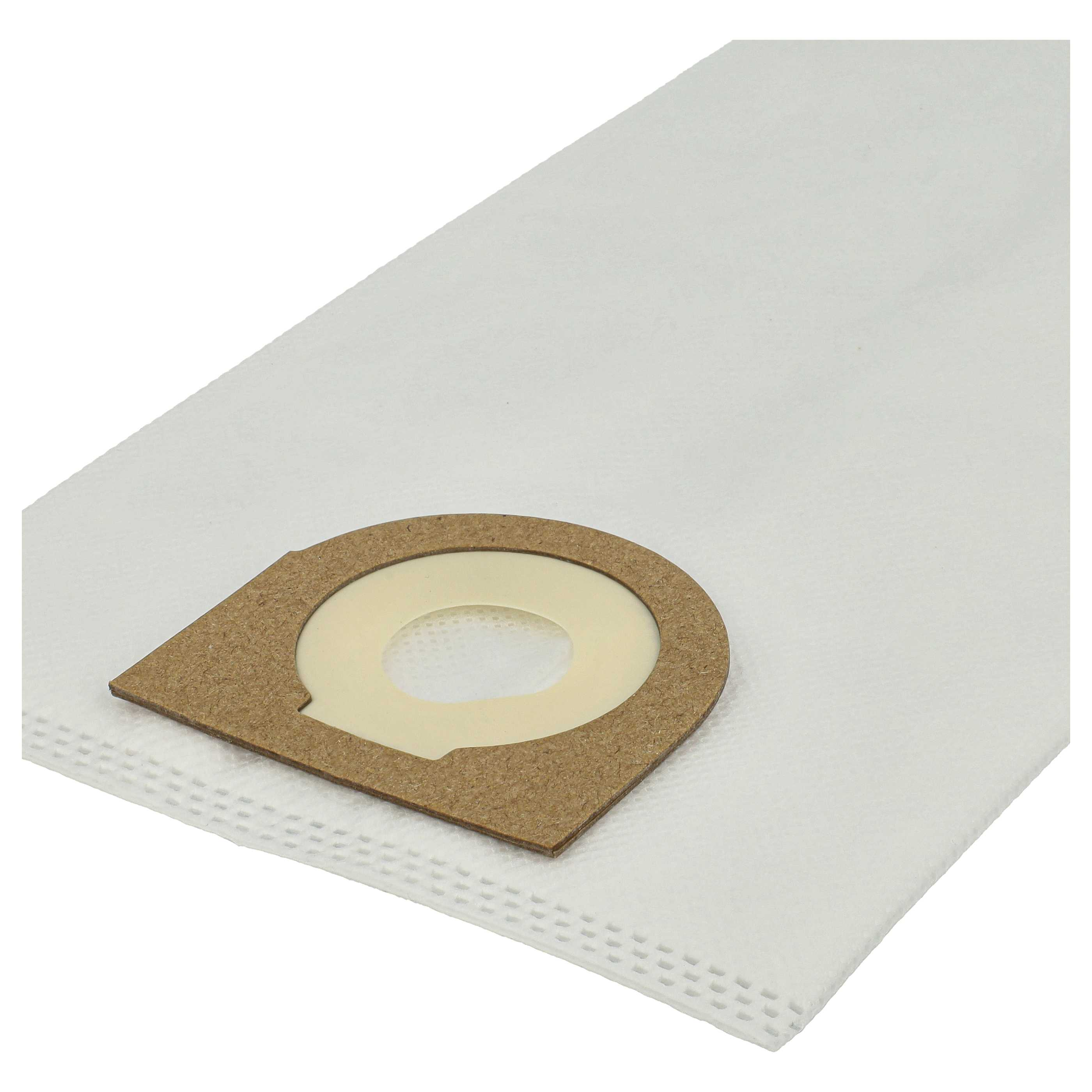 Ein weißer Staubsaugerbeutel mit braunem Kartonrahmen und beigem Kunststoffring.