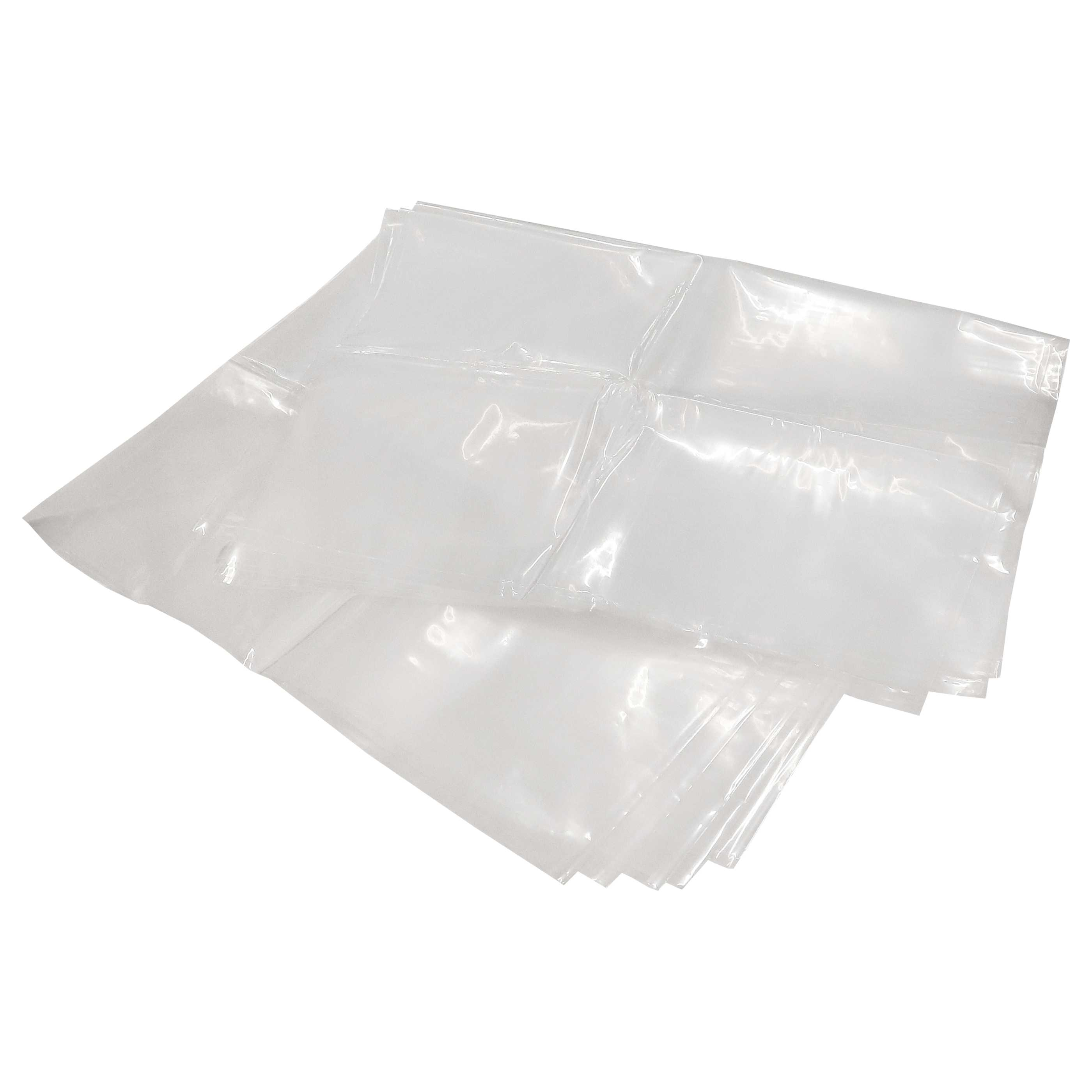 Mehrere transparente Plastiktüten sind auf einer weißen Oberfläche gestapelt. Die Beutel sind leicht zerknittert und überlappen sich.