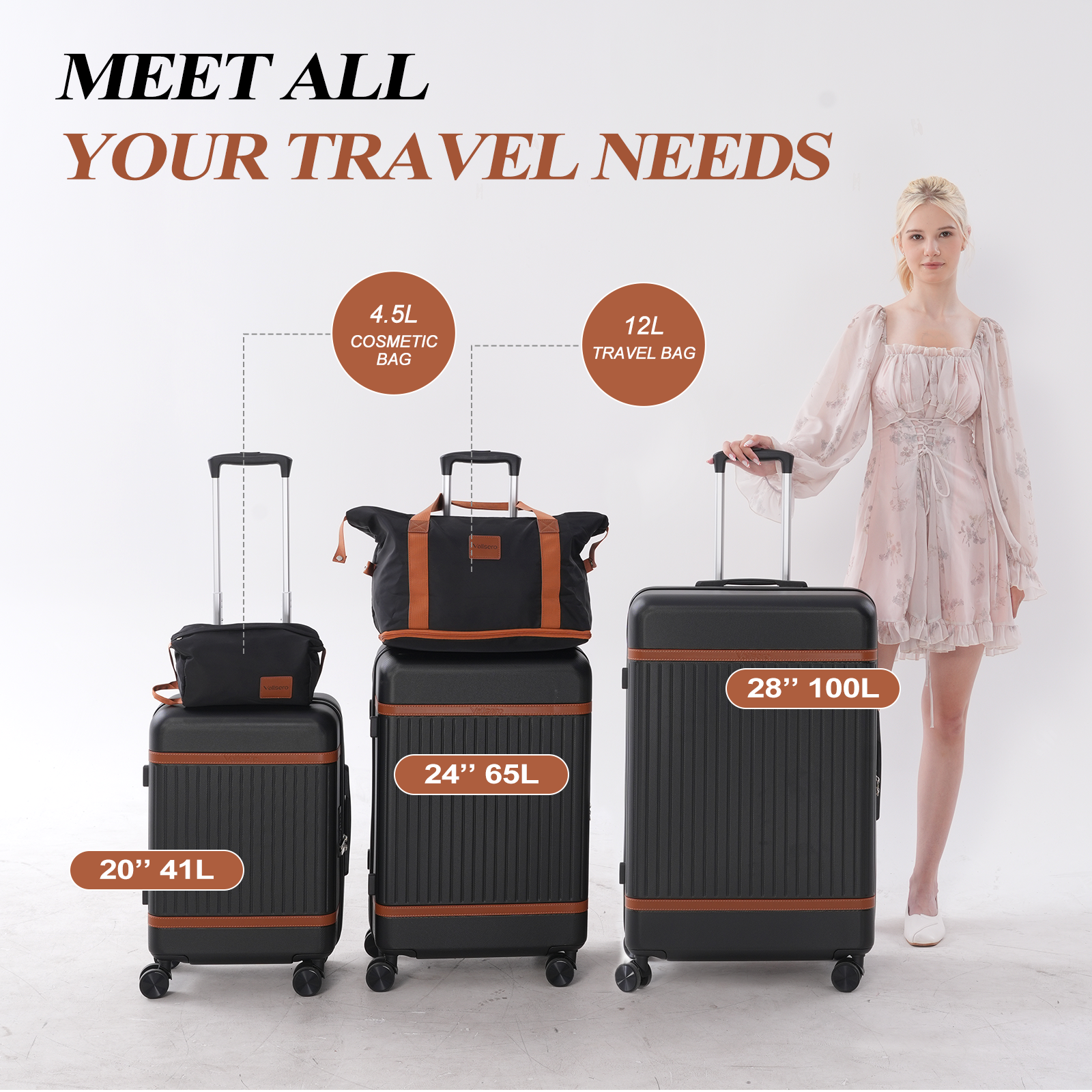 L'image présente des ensembles de bagages de voyage avec une femme. Les ensembles comprennent des trousses de maquillage, des sacs de voyage et des valises de tailles variées.