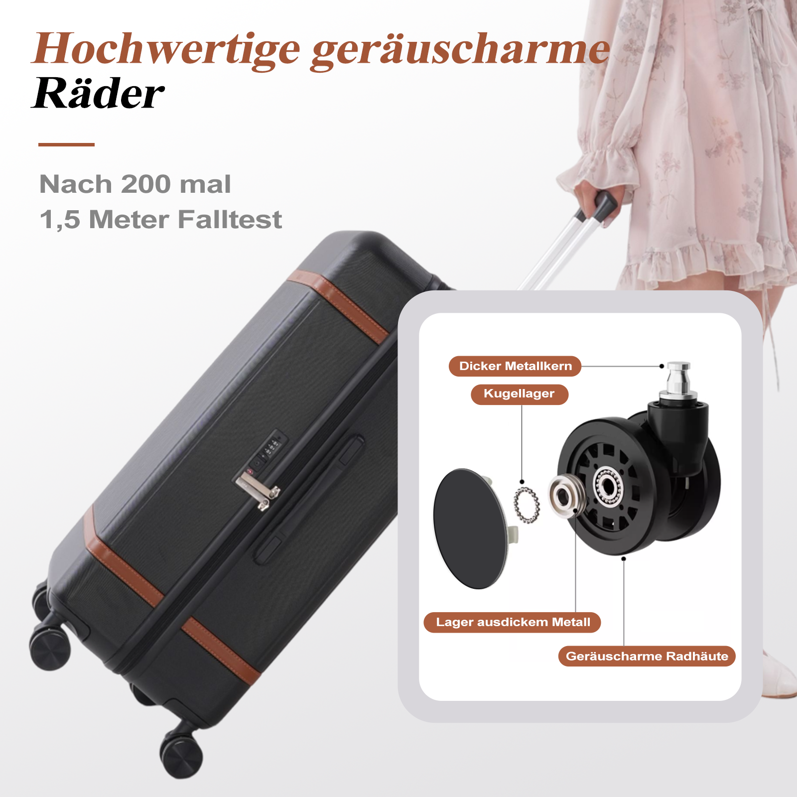 Schwarzer Koffer mit braunen Akzenten, Rädern und deutschem Text über Geräuschreduzierung und Falltests. Eine Frau hält den Griff.