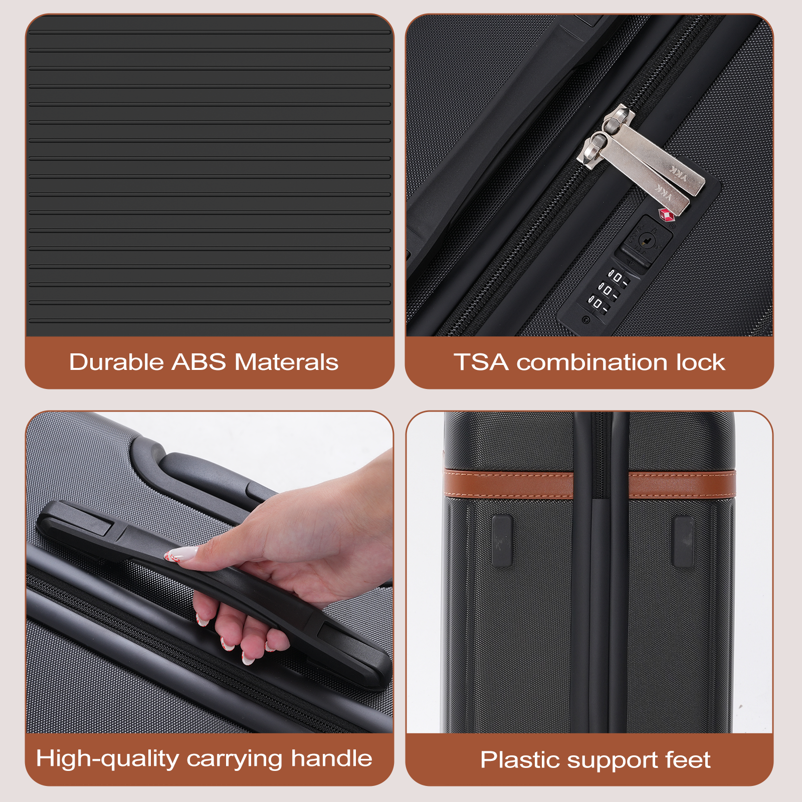 Détails de valise noire : matériau ABS, serrure TSA, poignée et pieds en plastique. L'image montre des gros plans.