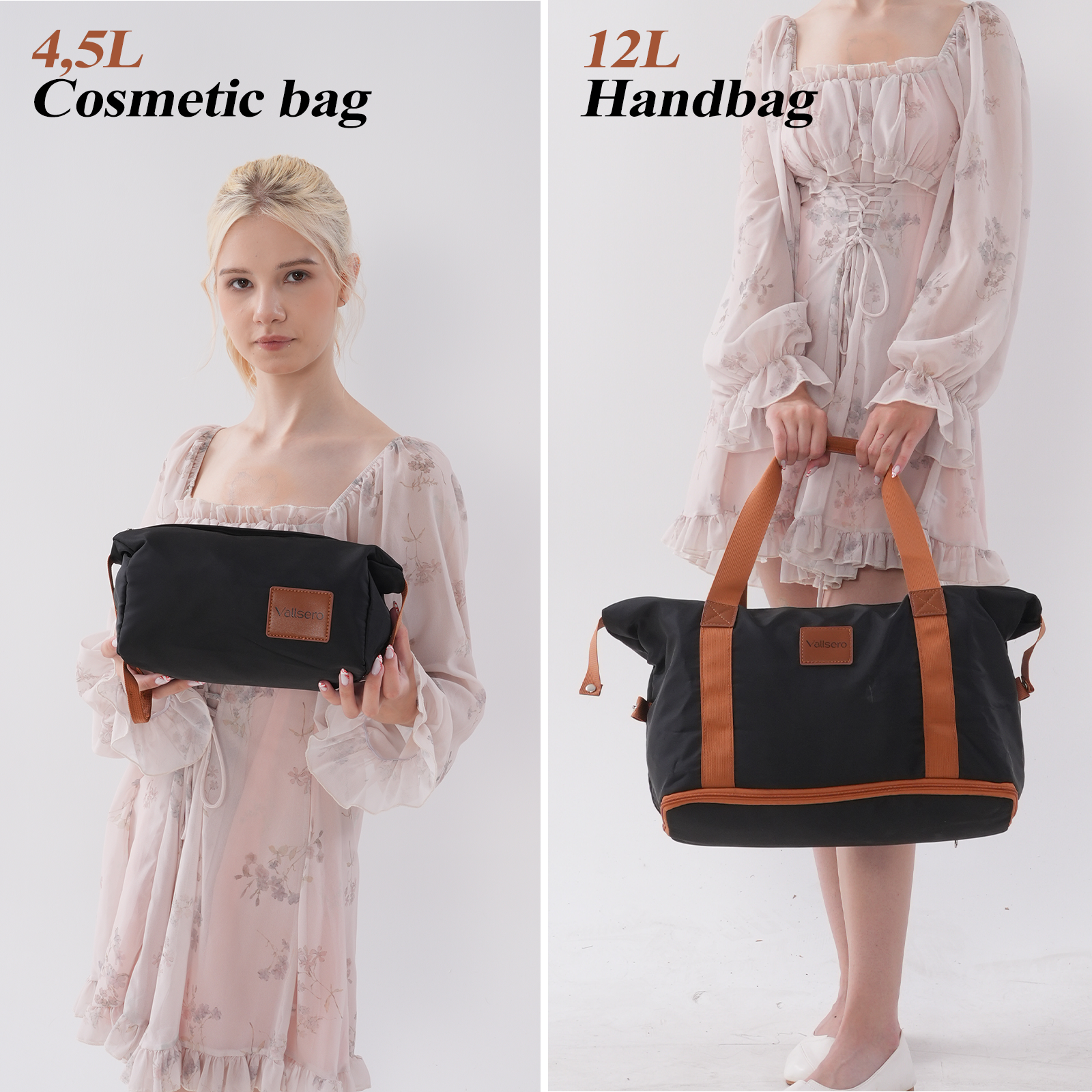 Deux femmes en robes fleuries tiennent des sacs noirs. L'un est une trousse de maquillage, l'autre un sac à main, tous deux avec des accents marron.