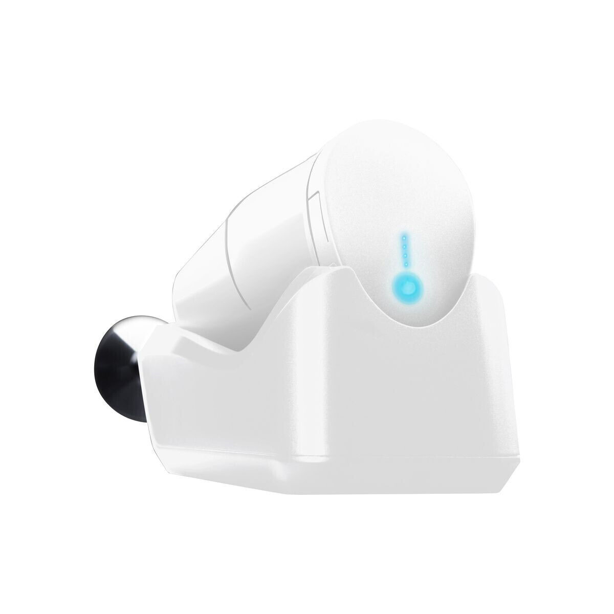 Białe urządzenie ładujące z cylindryczną górą i okrągłą podstawą. Ma niebieski wskaźnik świetlny i czarny przycisk.