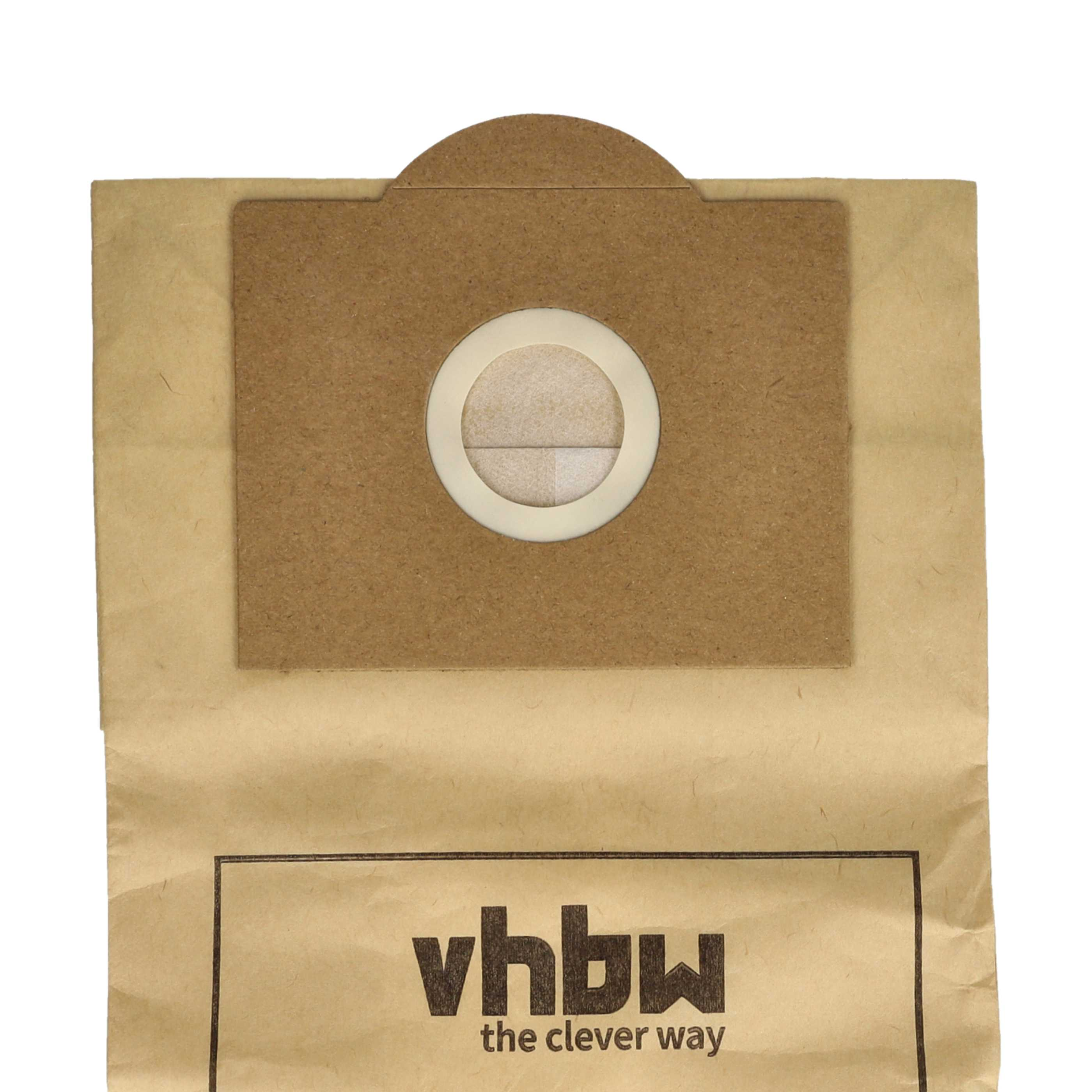 Ein brauner Staubsaugerbeutel mit weißem Filter. Der Markenname lautet 'vhbw the clever way'.