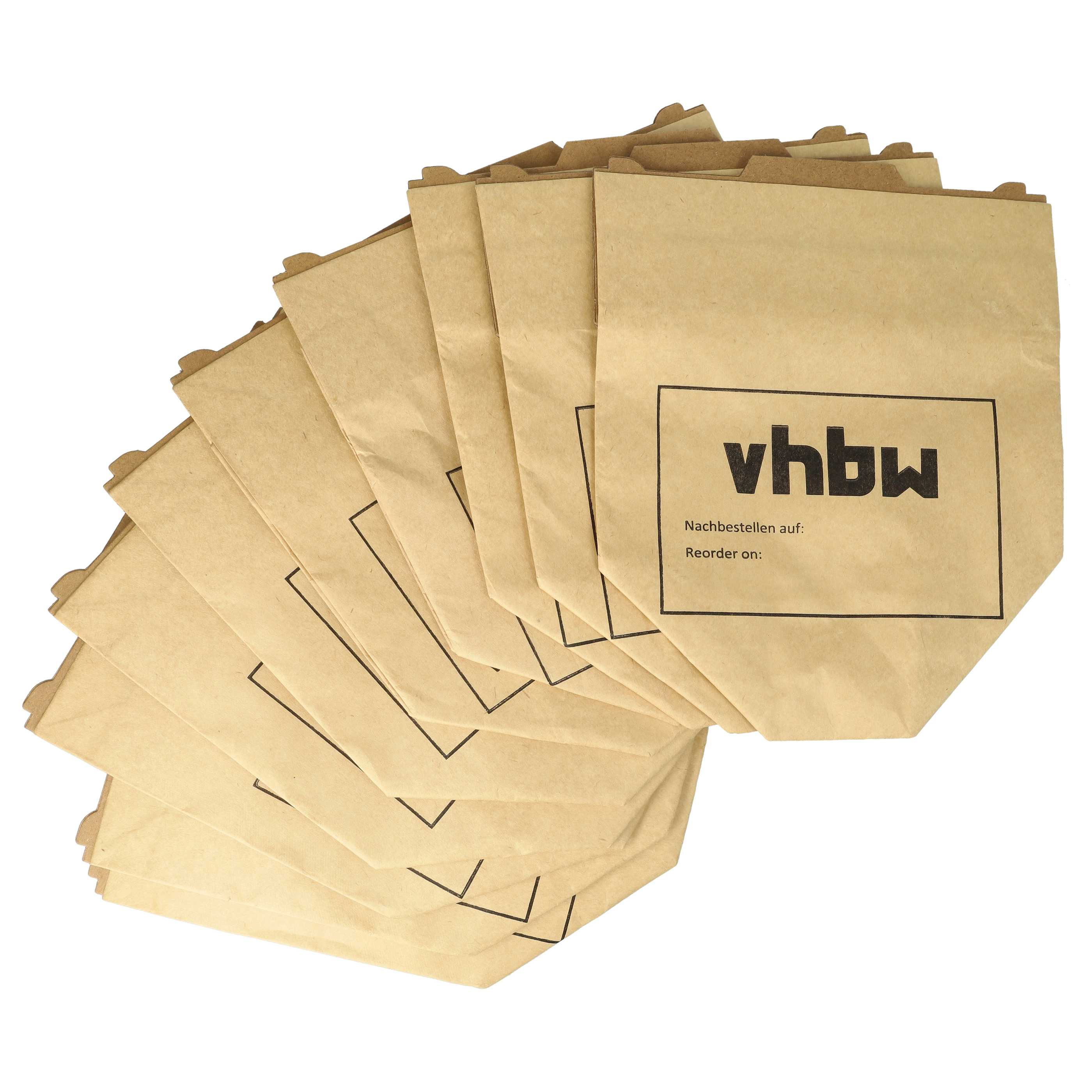 Mehrere hellbraune Papiertüten sind aufgefächert, eine hat ein Logo mit der Aufschrift 'vhbw'. Weißer Hintergrund.
