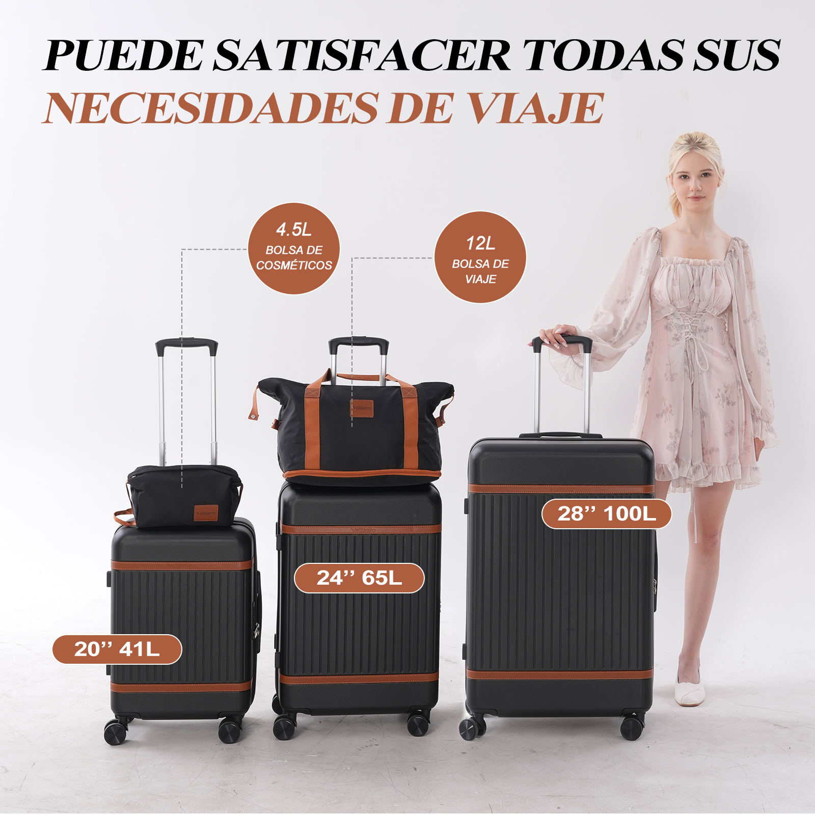 Una mujer está de pie junto a tres maletas negras de diferentes tamaños. El texto promociona las necesidades de viaje. Las maletas están etiquetadas con tamaños.