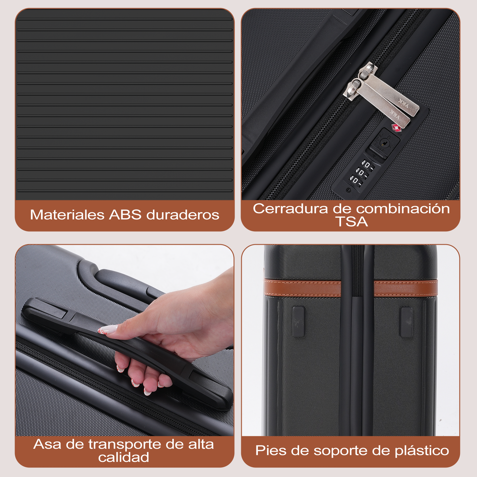 Una maleta que muestra detalles: superficie texturizada, cerradura de combinación, una mano sosteniendo un asa y pies de plástico.