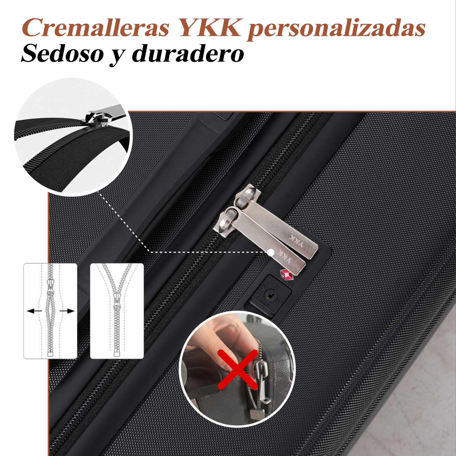 Primer plano de una maleta con cremalleras YKK. Los detalles incluyen un primer plano de la cremallera, diagramas y una mano con una cruz roja sobre una cremallera.