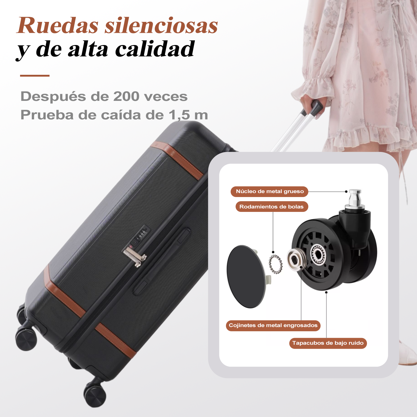 Maleta negra con detalles marrones, detalle de ruedas y mujer con vestido floral sujetando el asa.