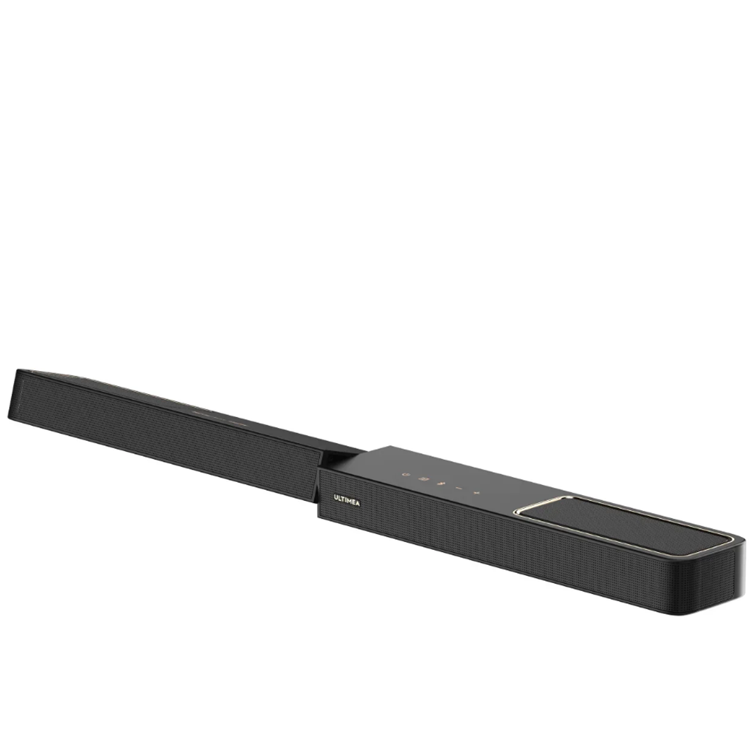 Czarny soundbar z prostokątnym korpusem i siatkowym przodem. Posiada markę 'ULTIMEA' i kilka przycisków sterujących.