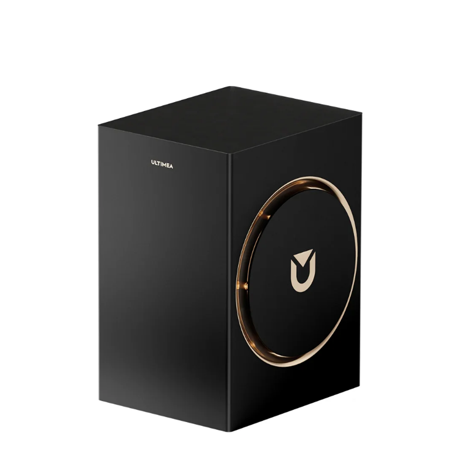 Czarny głośnik w kształcie kostki ze złotym okręgiem i logo 'U'. Tekst 'ULTIMEA' z przodu. Białe tło.