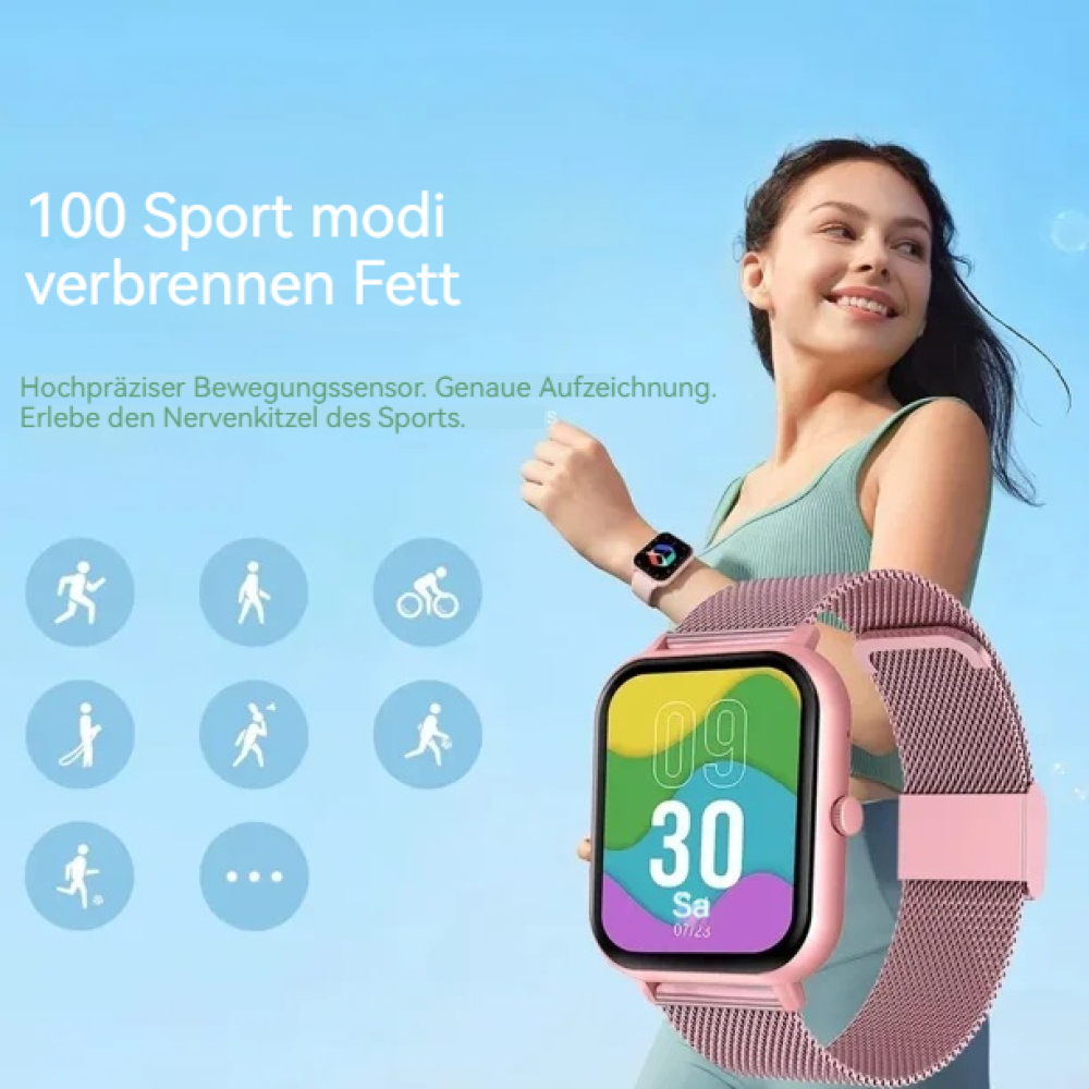 Frau mit rosa Smartwatch mit farbigem Bildschirm. Text auf Deutsch erwähnt Sportmodi. Der Hintergrund ist ein hellblauer Himmel.